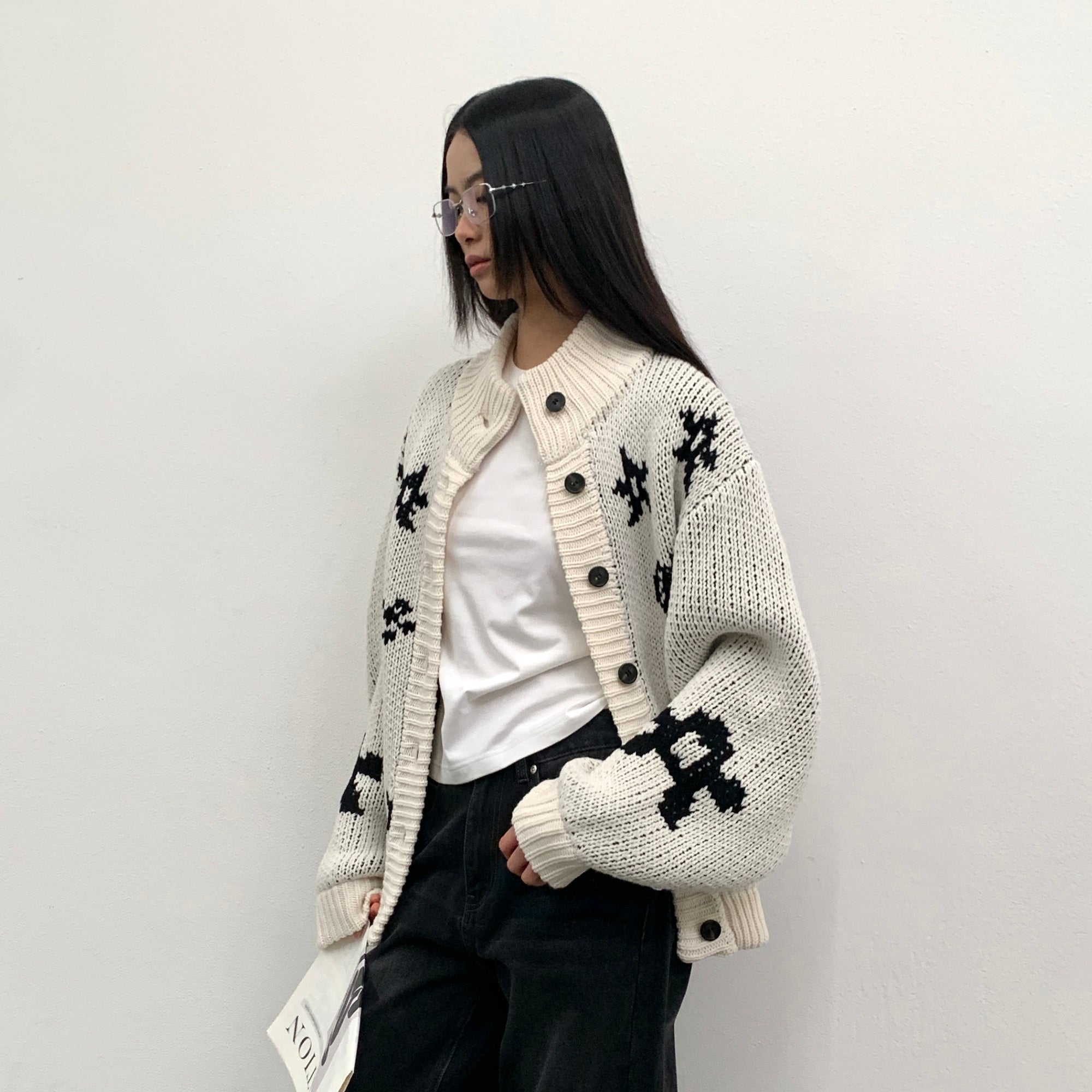 ROARINGWILD A ARCH Jacquard Chunky Knit Cardigan-Jacket-XS-White-Free Shipping Leatheretro