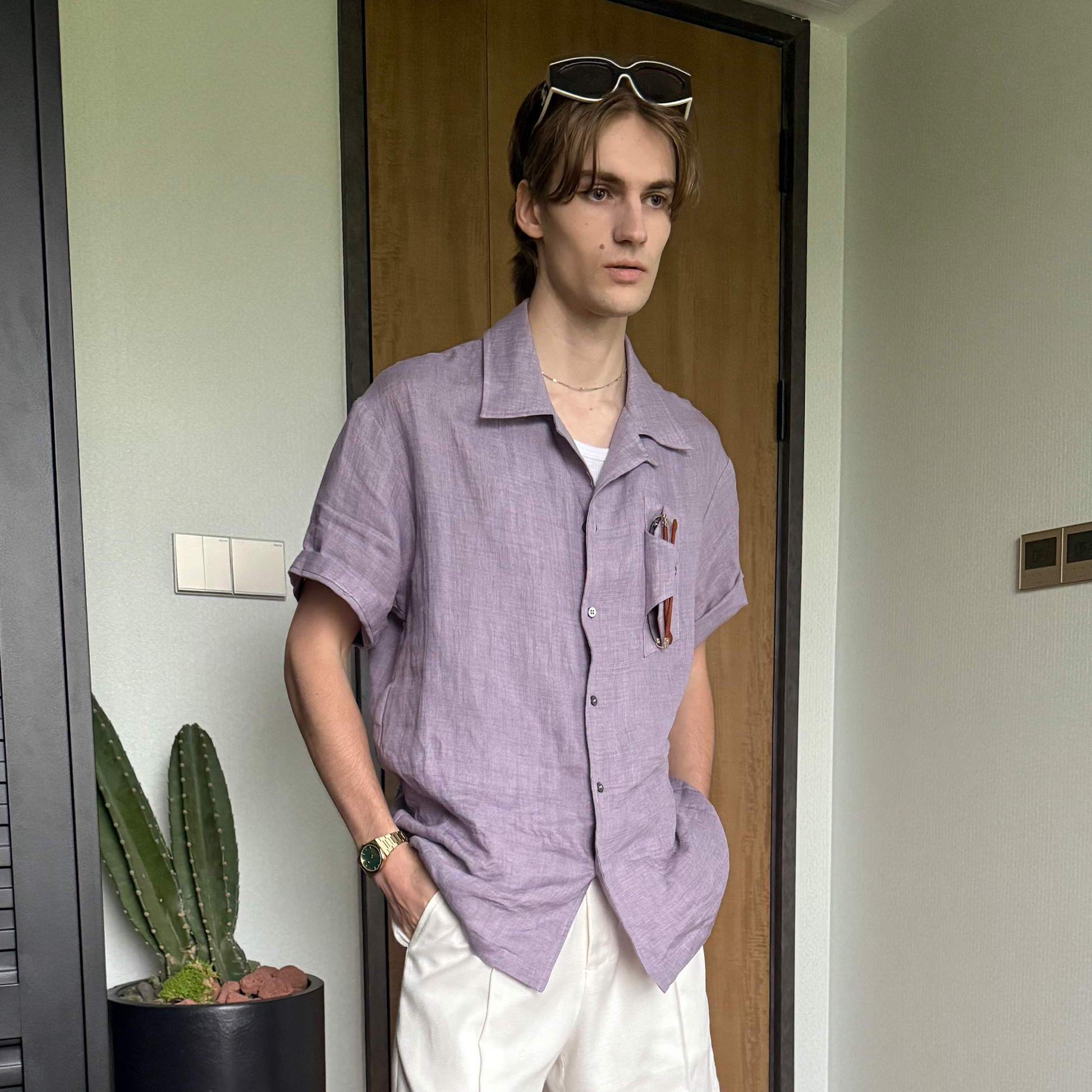 ASSEEN Linen Glasses Pocket Half Shirt-Half shirt-S-Free Shipping Leatheretro