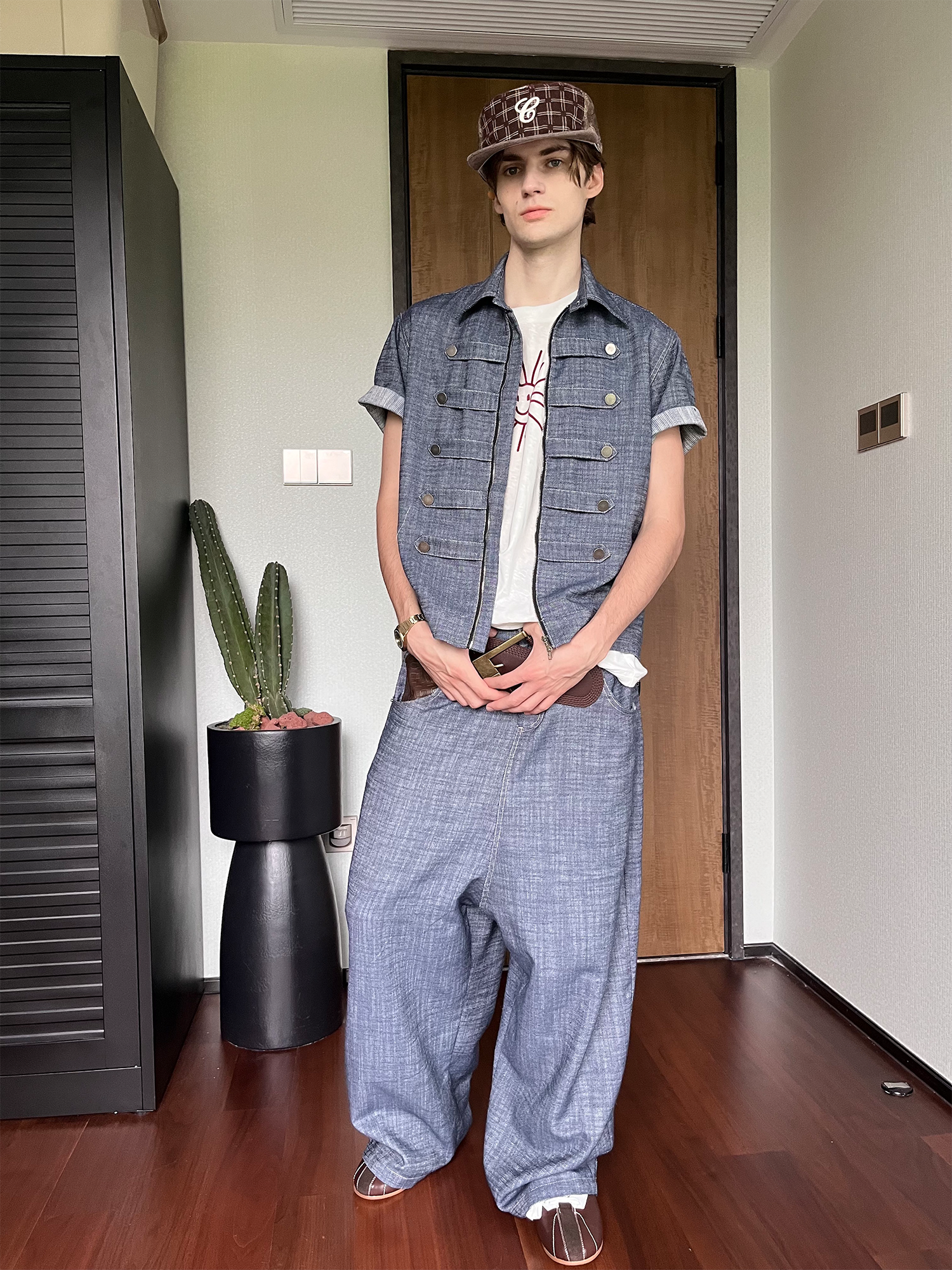 ASSEEN Linen-Blend Coin Button Denim Half Shirt-Half shirt-S-Free Shipping Leatheretro