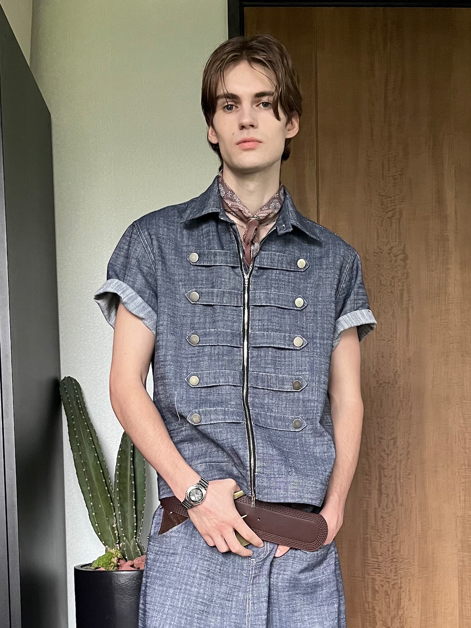 ASSEEN Linen-Blend Coin Button Denim Half Shirt-Half shirt-S-Free Shipping Leatheretro