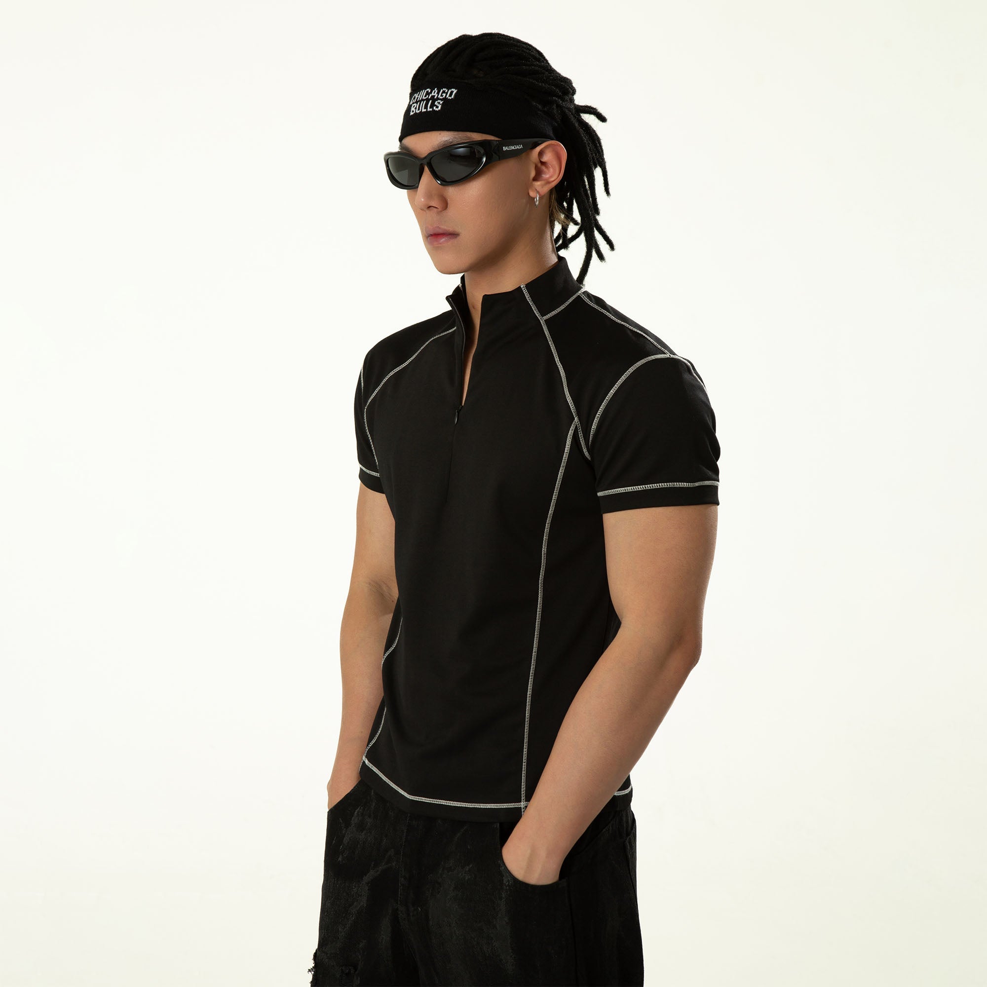 CLP Contrast Stitch Zip-Neck Tee-L/S Tee-M (Preorder)-Free Shipping Leatheretro