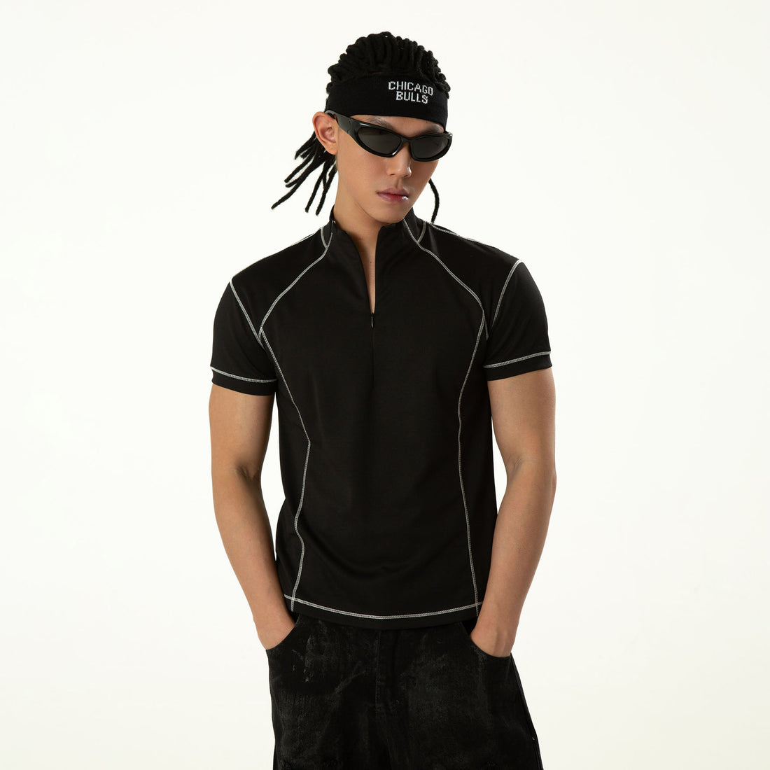 CLP Contrast Stitch Zip-Neck Tee-L/S Tee-M (Preorder)-Free Shipping Leatheretro