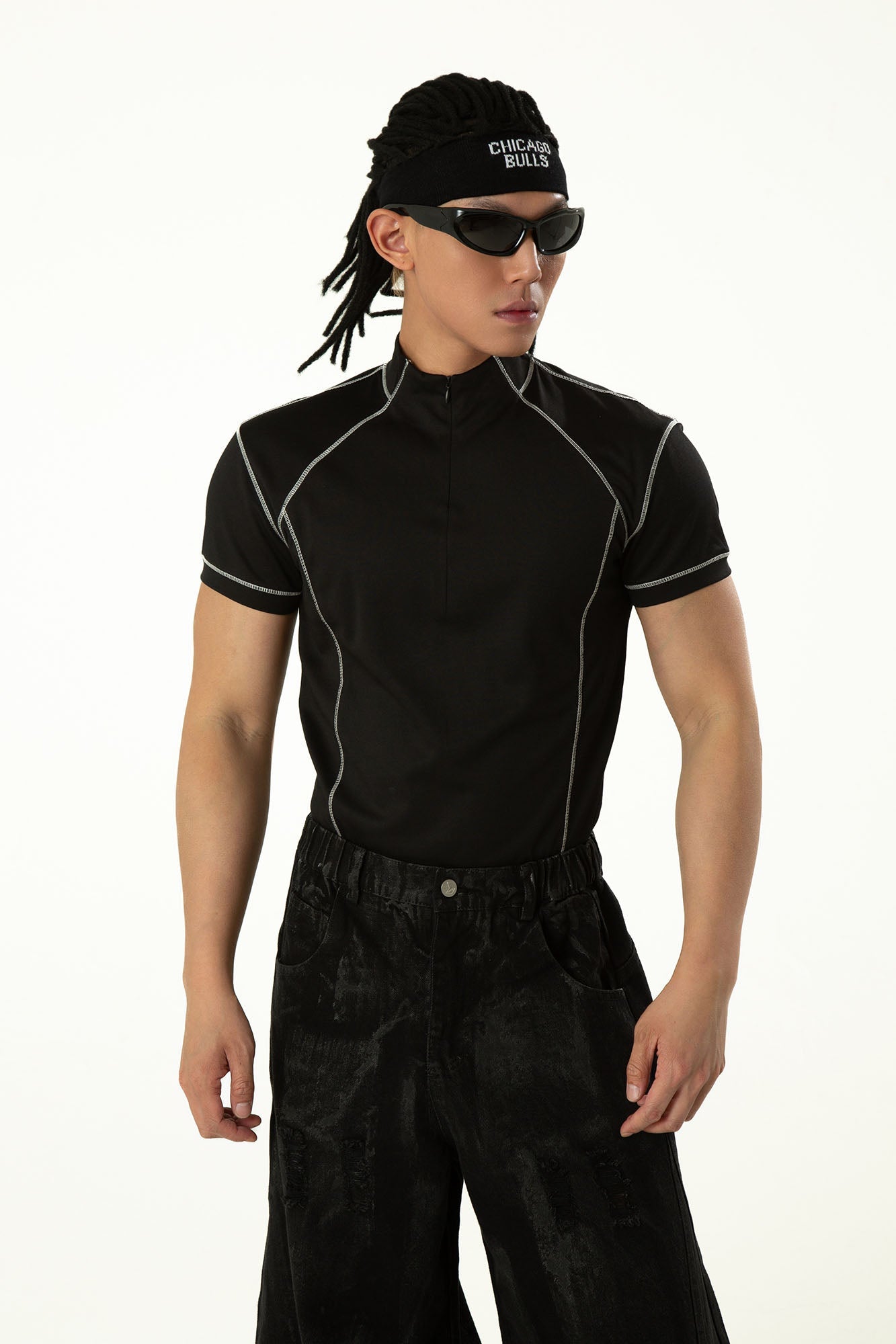 CLP Contrast Stitch Zip-Neck Tee-L/S Tee-M (Preorder)-Free Shipping Leatheretro