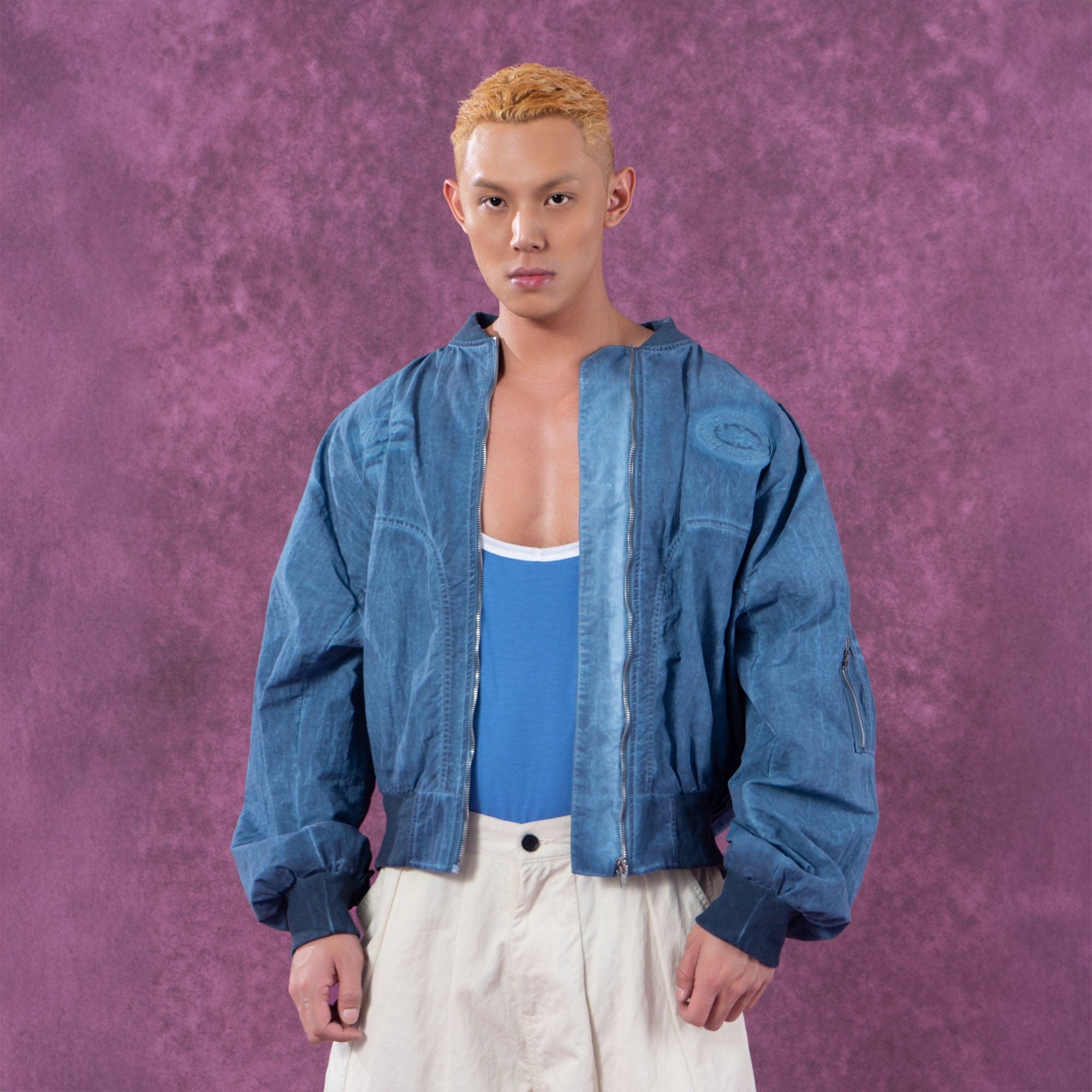 CLP Faded Crinkled Bomber Jacket-Jacket-M-Blue-Free Shipping Leatheretro