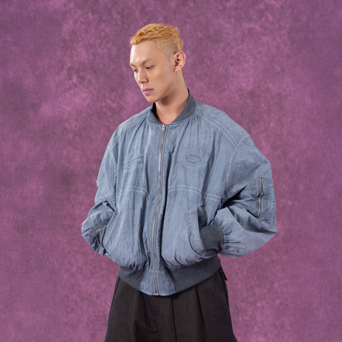 CLP Faded Crinkled Bomber Jacket-Jacket-M-Blue-Free Shipping Leatheretro