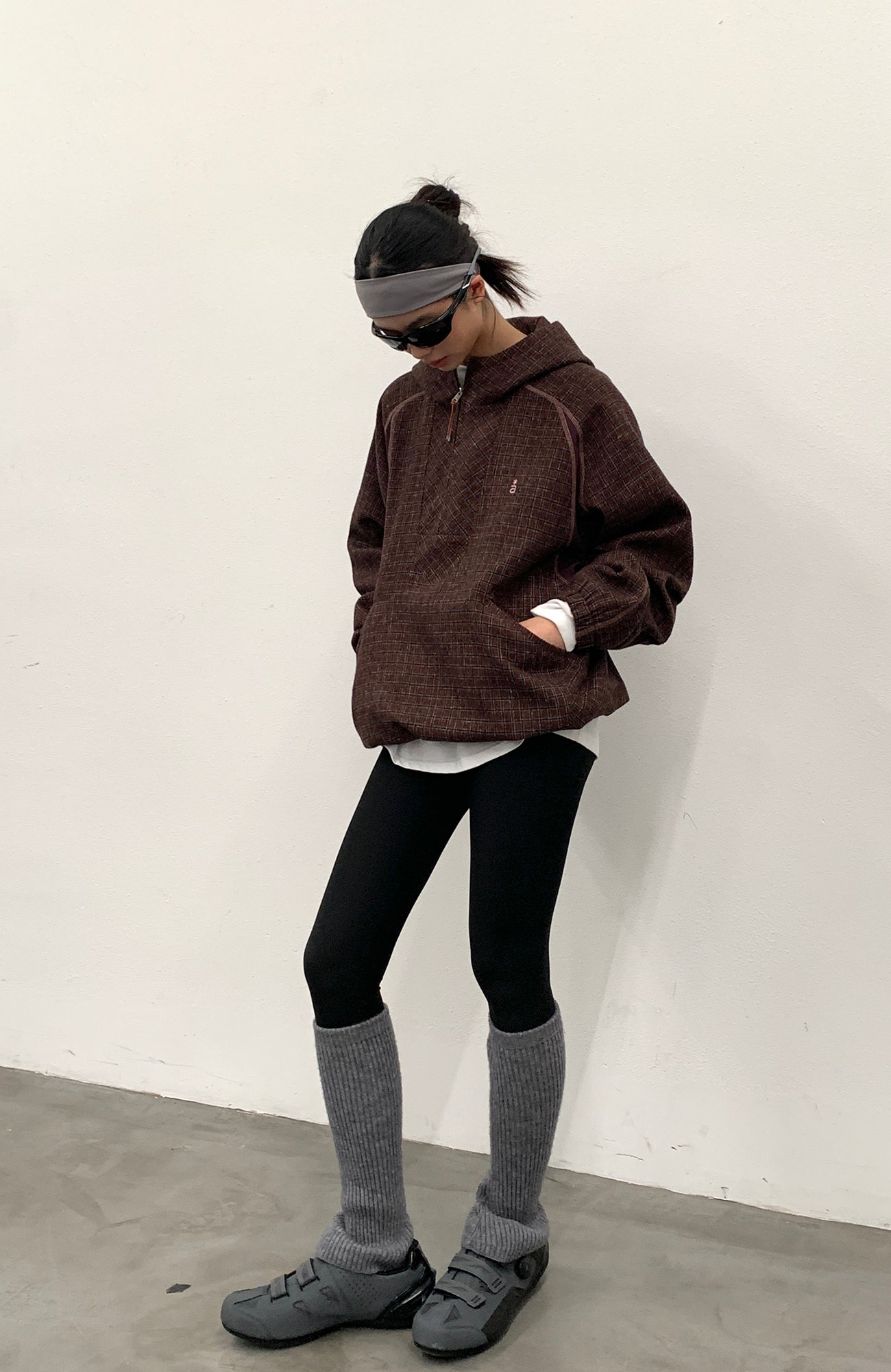 ROARINGWILD A ARCH Plaid Paneled Half-Zip Hooded Jacket-Jacket-XS-Gray-Free Shipping Leatheretro