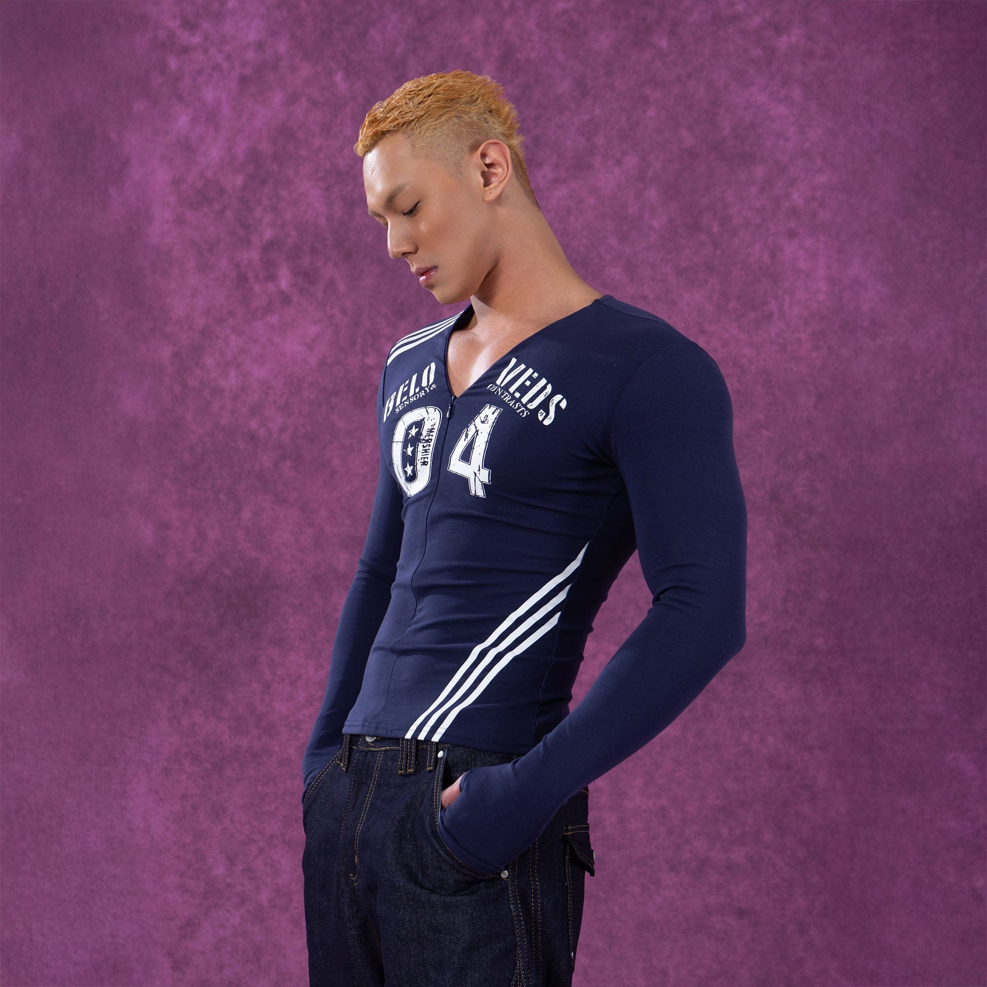 CLP V-Neck Zip-Up Slim Long-Sleeve Tee-L/S Tee-S-Free Shipping Leatheretro