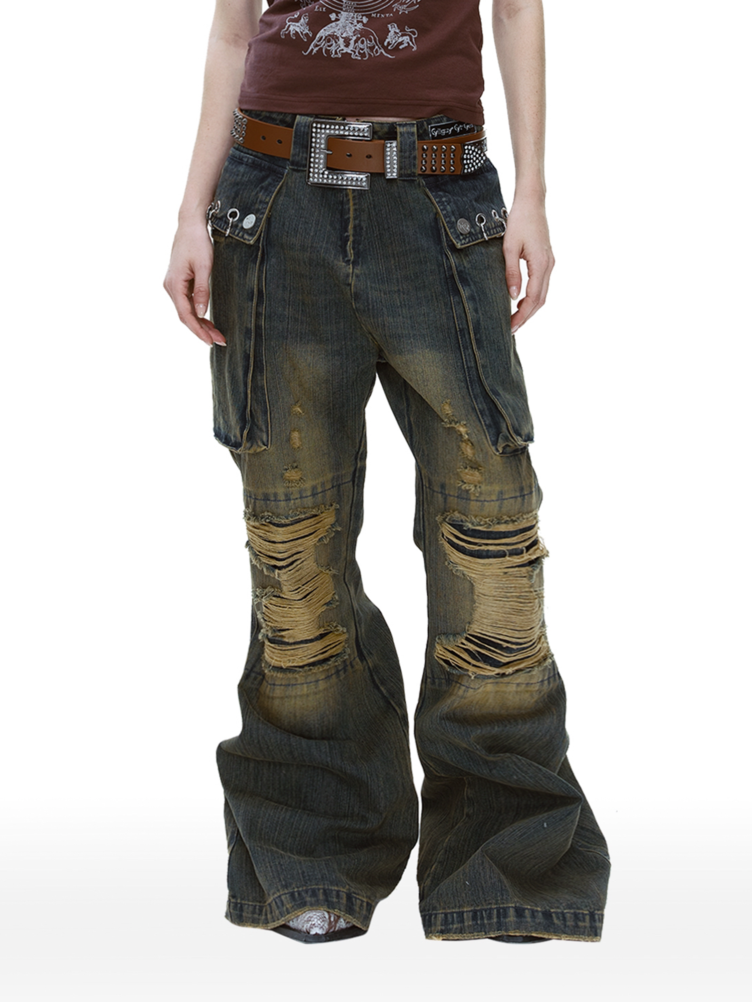 CYCYCY Distressed Big-Pocket Flared Jeans-Jeans-XXS / 27"-Free Shipping Leatheretro