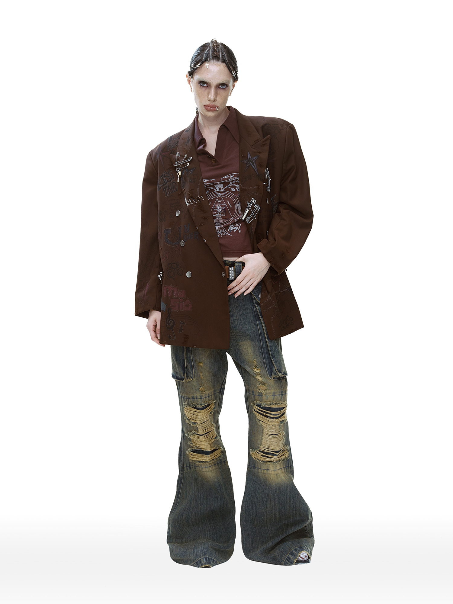 CYCYCY Distressed Big-Pocket Flared Jeans-Jeans-XXS / 27"-Free Shipping Leatheretro