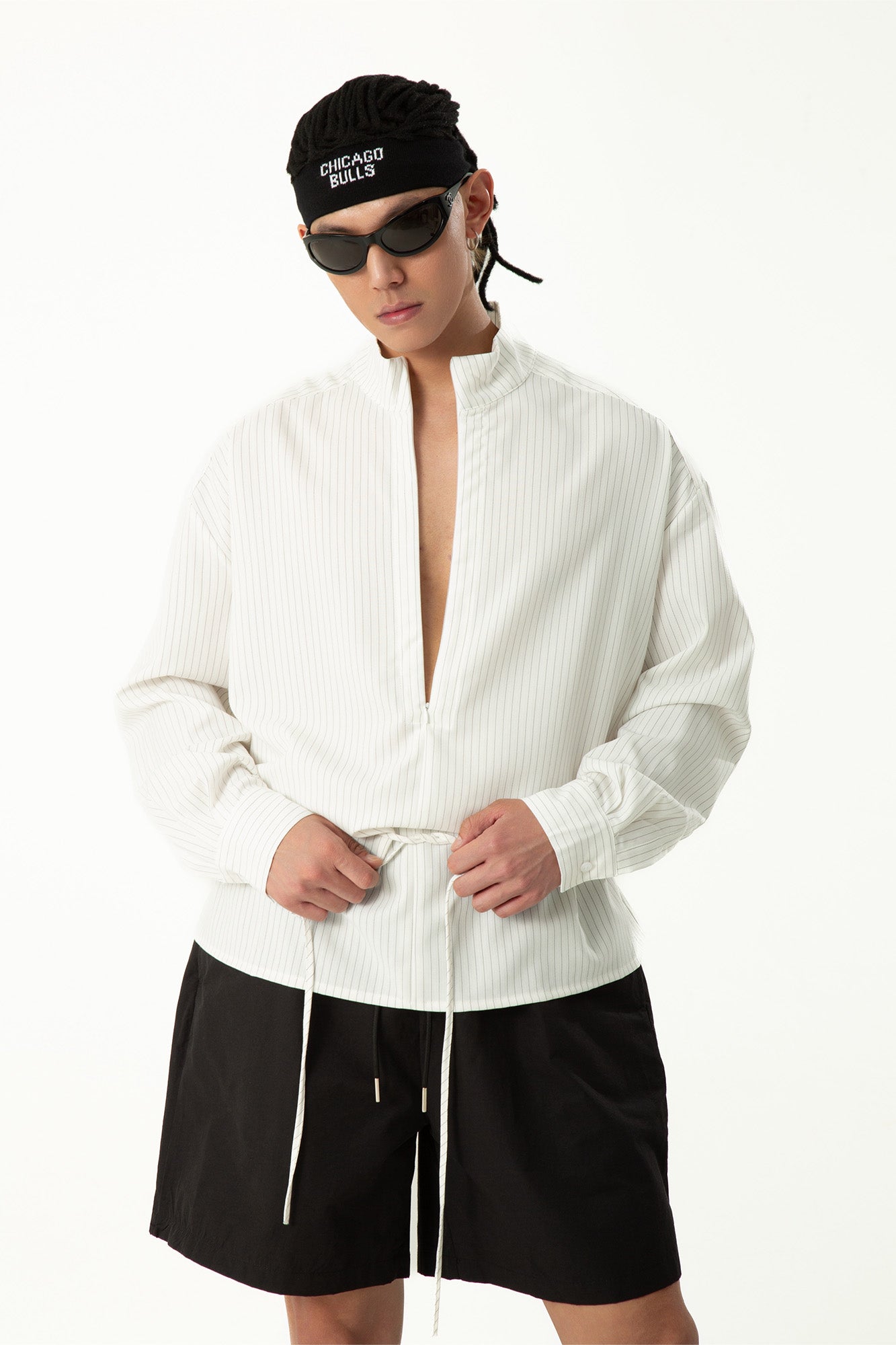 CLP Drawstring Waist Striped V-Neck Shirt-Shirt-M-Free Shipping Leatheretro