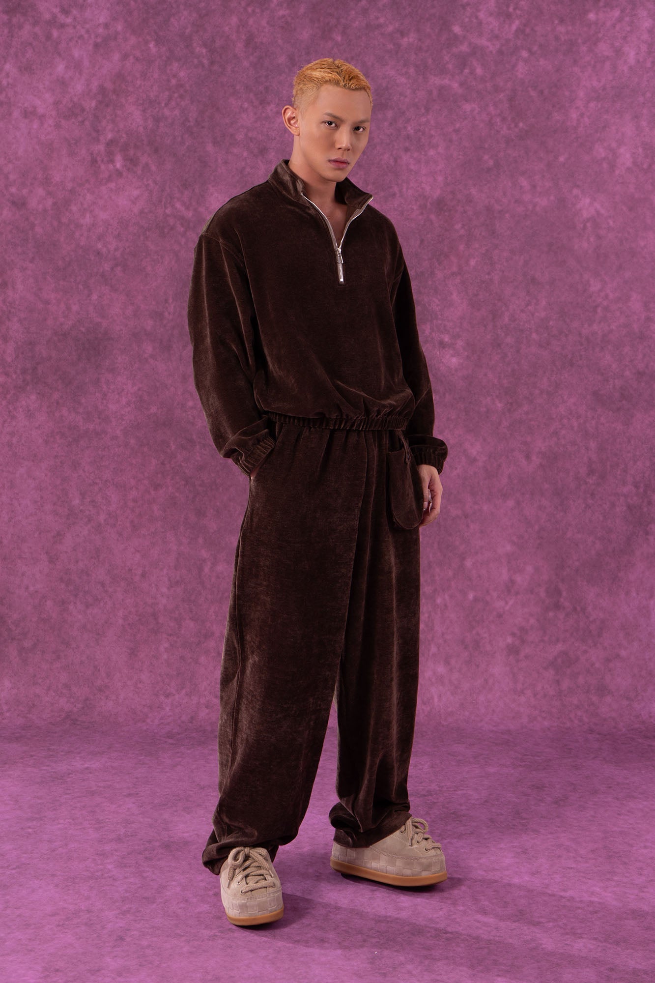 CLP Corduroy Elastic-Hem Half-Zip Pullover-Sweatshirt-M-Coffee-Free Shipping Leatheretro