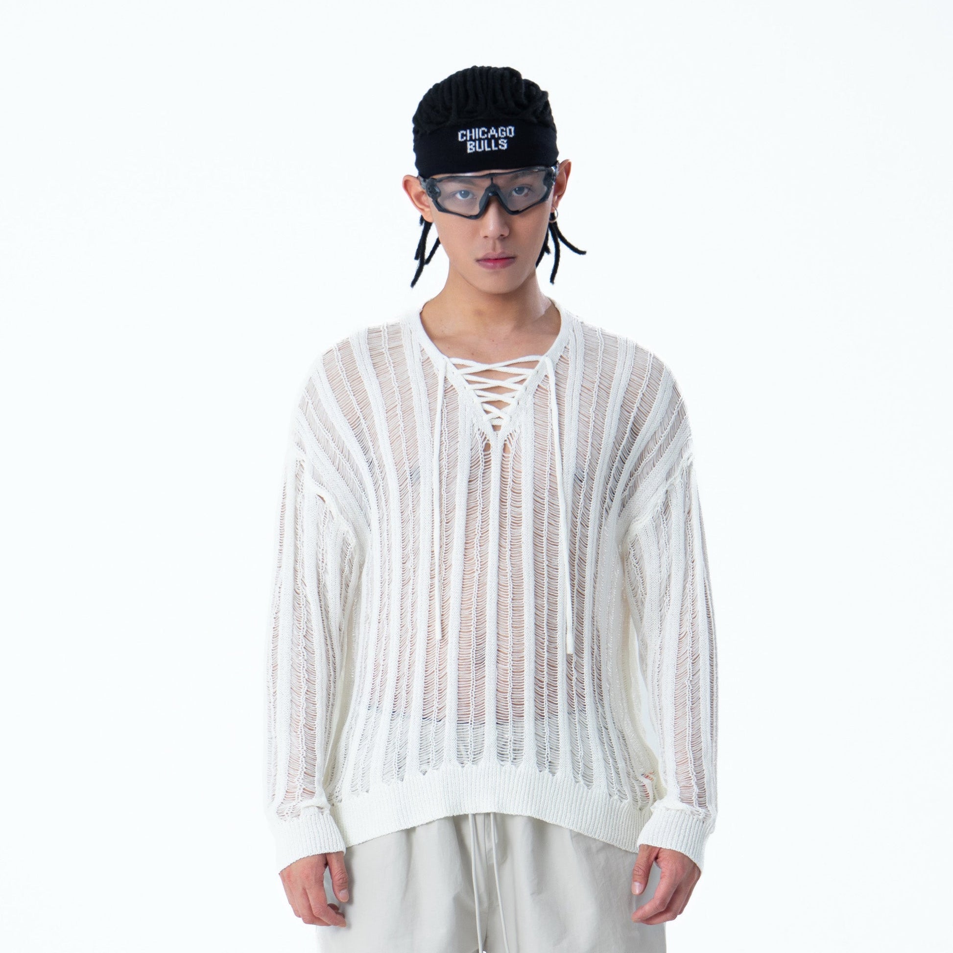 CLP Sheer Striped Open-Knit Sweater-Sweater-S-White-Free Shipping Leatheretro