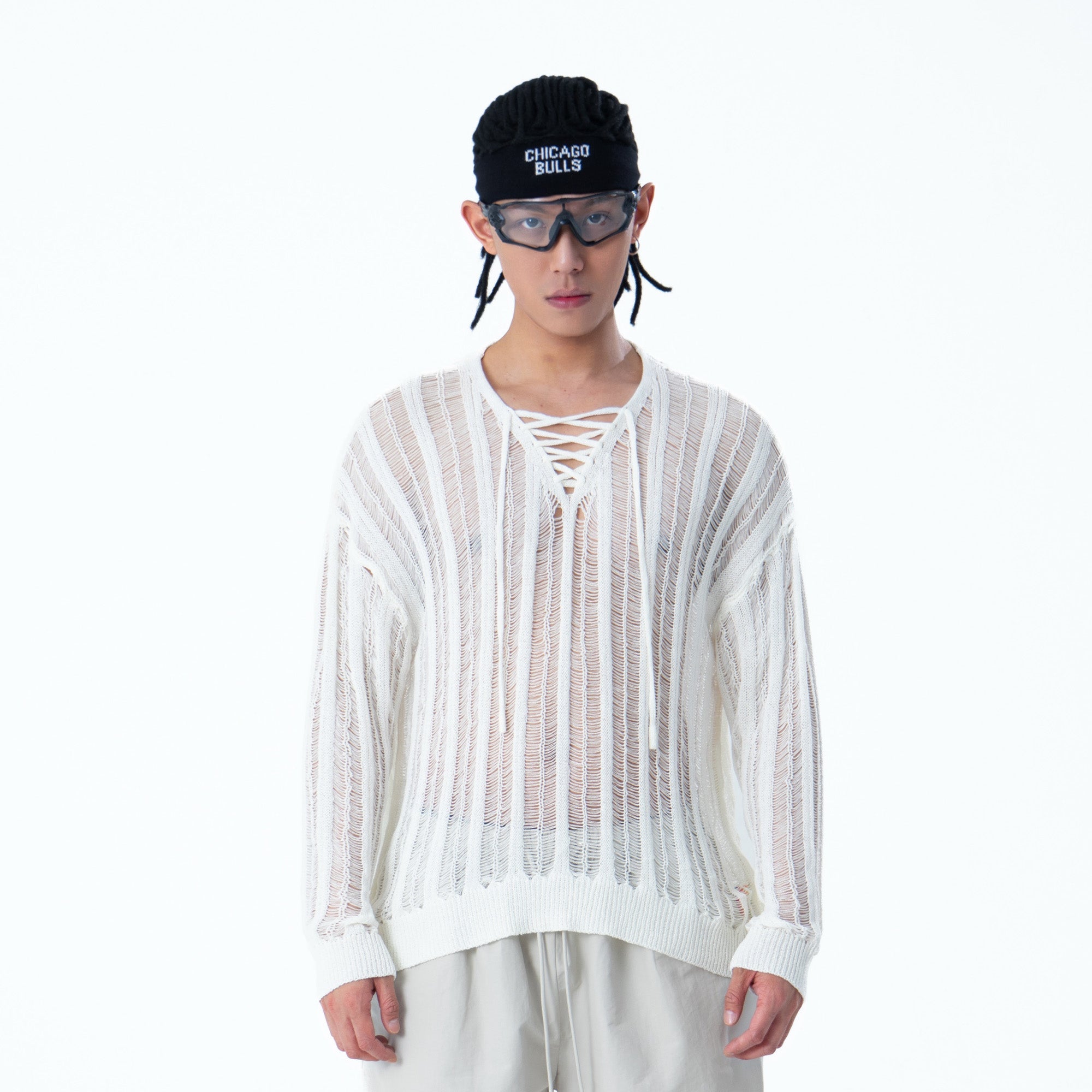 CLP Sheer Striped Open-Knit Sweater-Sweater-S-White-Free Shipping Leatheretro