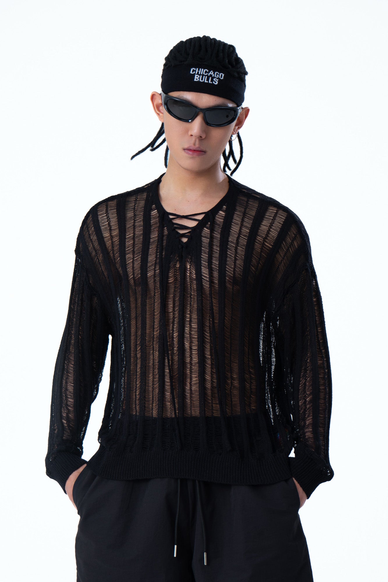 CLP Sheer Striped Open-Knit Sweater-Sweater-S-Black-Free Shipping Leatheretro