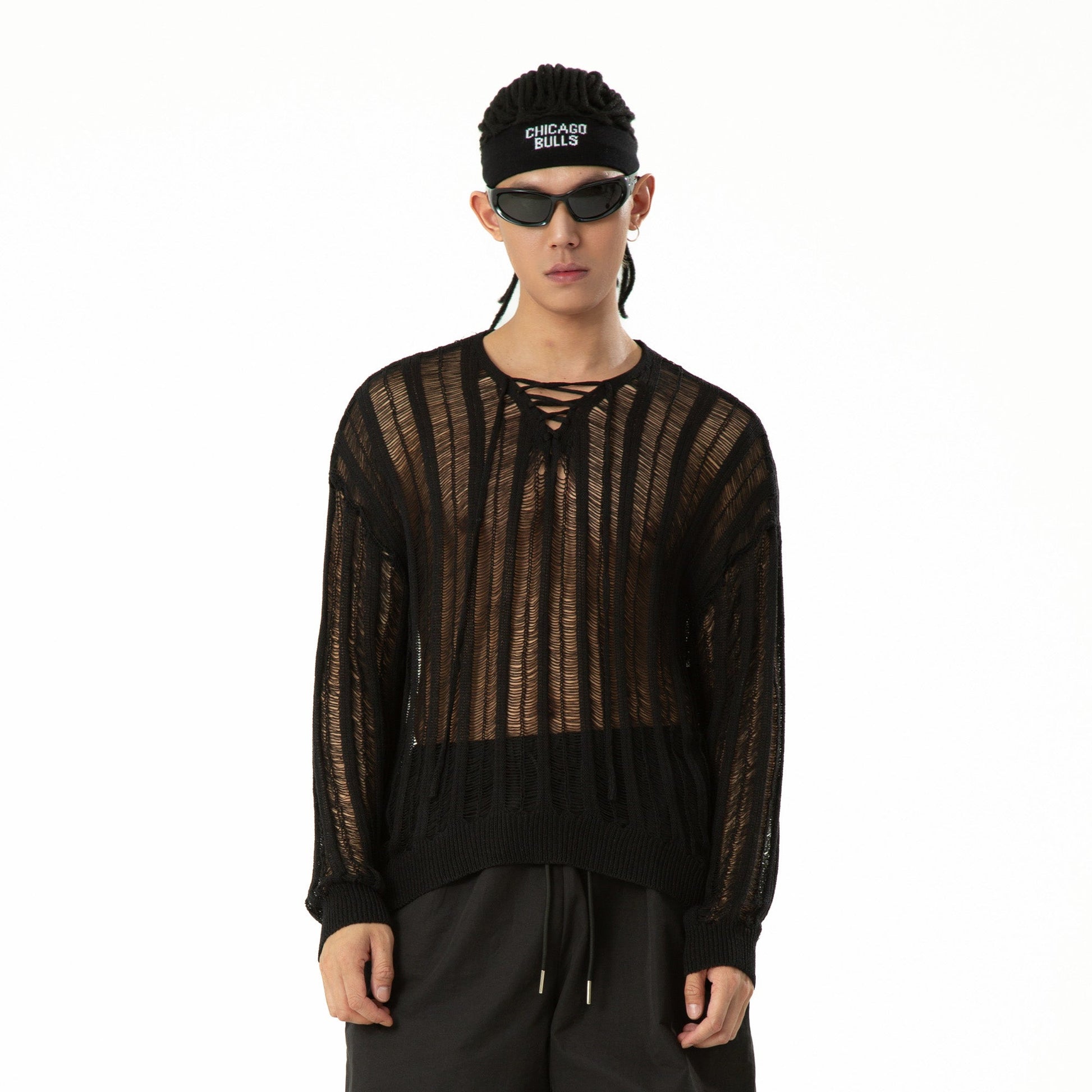 CLP Sheer Striped Open-Knit Sweater-Sweater-S-Black-Free Shipping Leatheretro