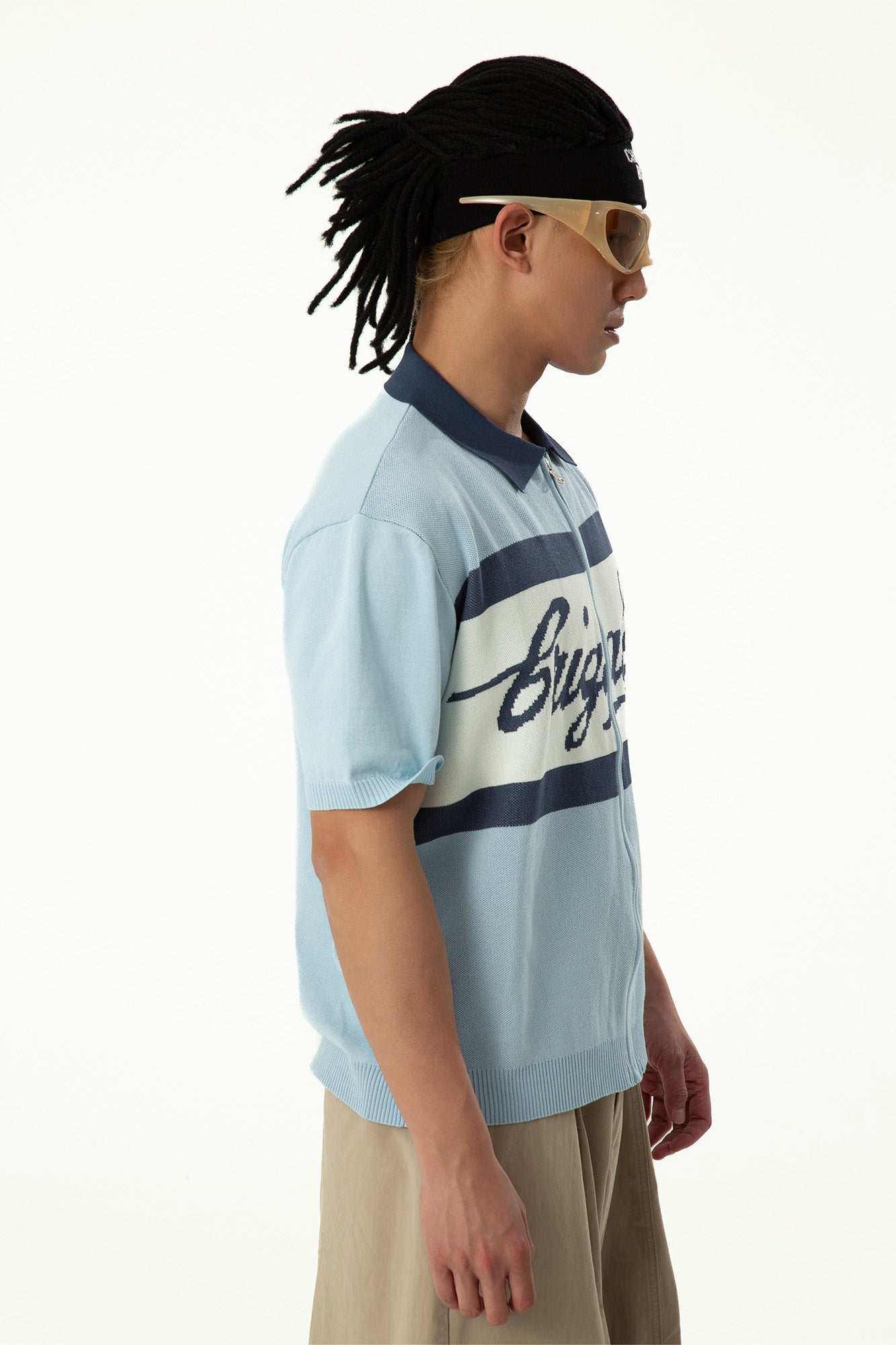 CLP Contrast Collar Zip-Up Knit Tee-T Shirt-M-Free Shipping Leatheretro