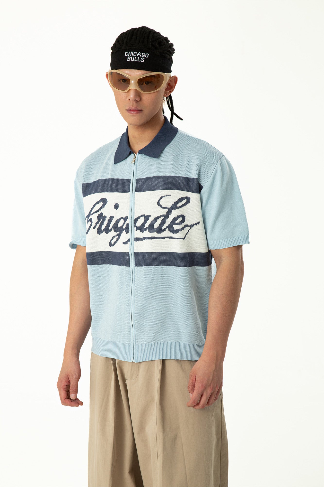 CLP Contrast Collar Zip-Up Knit Tee-T Shirt-M-Free Shipping Leatheretro