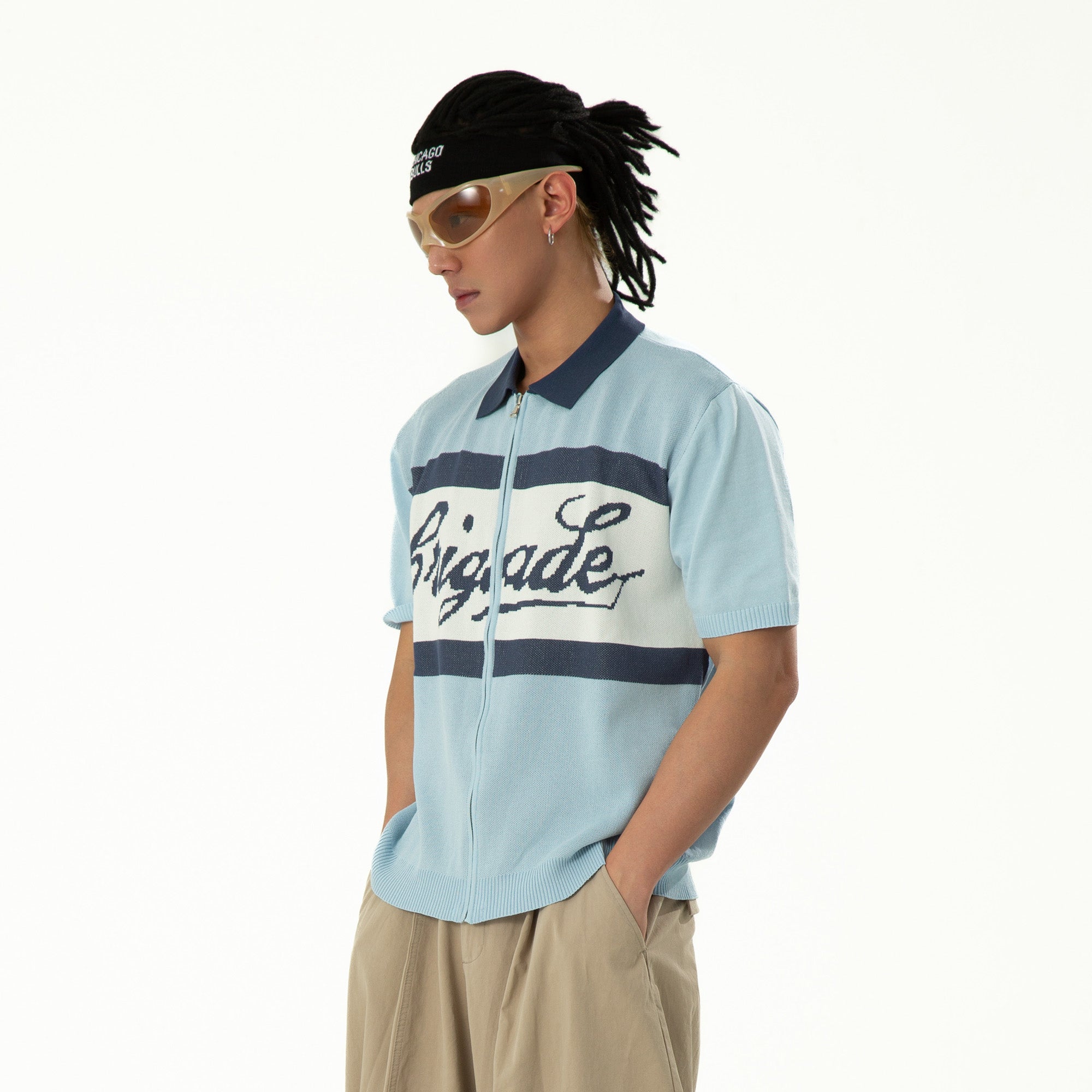 CLP Contrast Collar Zip-Up Knit Tee-T Shirt-M-Free Shipping Leatheretro