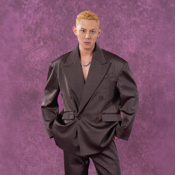 CLP Satin Double-Breasted Oversized Blazer-Jacket-S-Coffee-Free Shipping Leatheretro