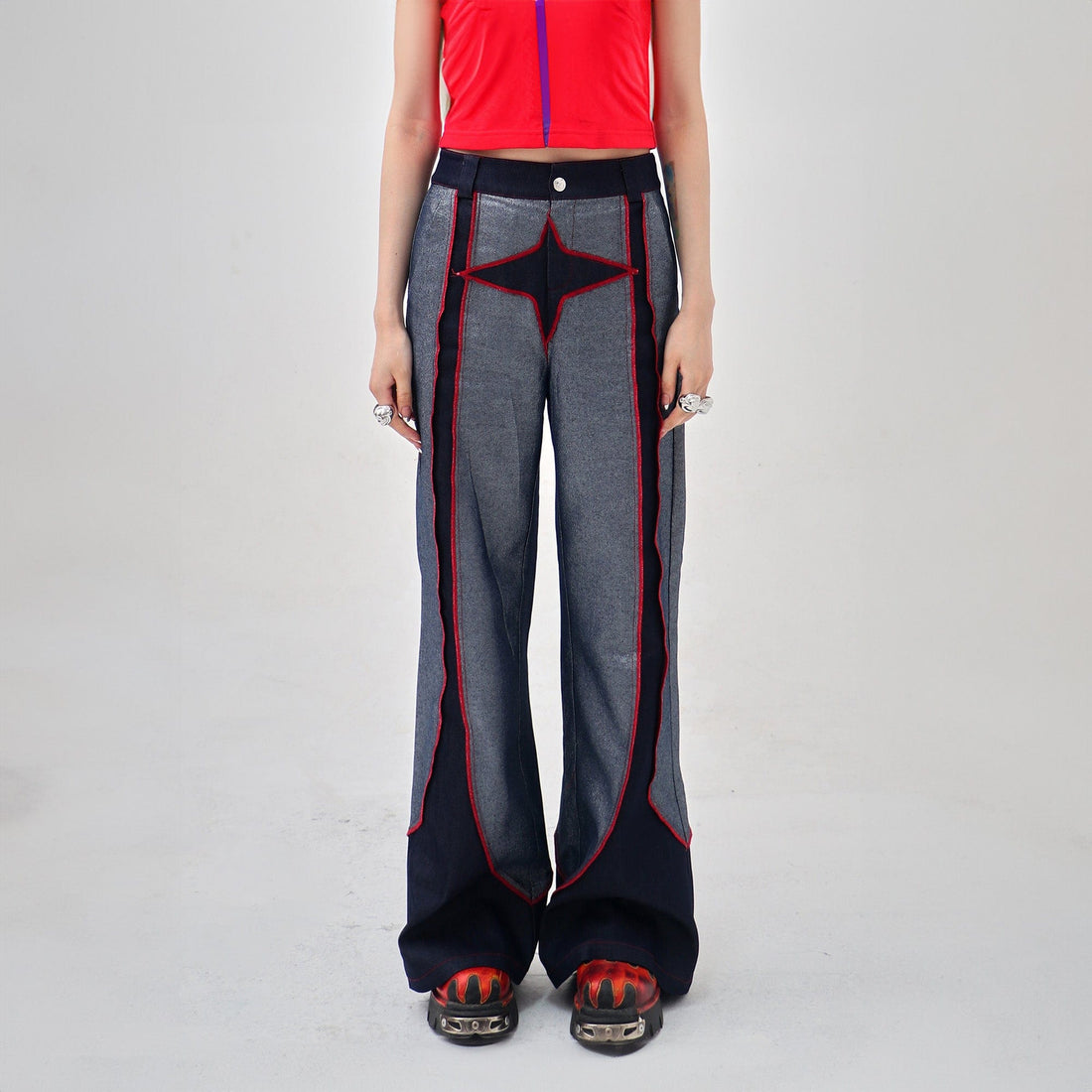 EMBRYO Four-Point Star Spliced Flared Pants-Pants-M-Free Shipping Leatheretro