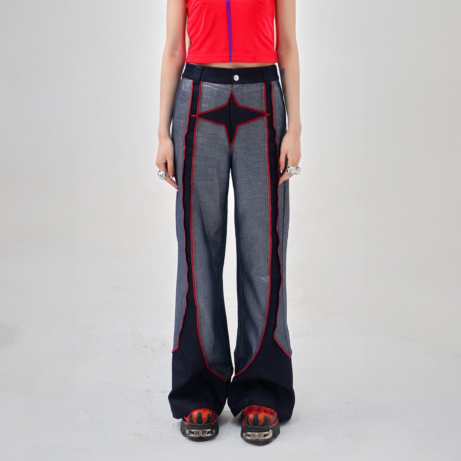 EMBRYO Four-Point Star Spliced Flared Pants-Pants-M-Free Shipping Leatheretro