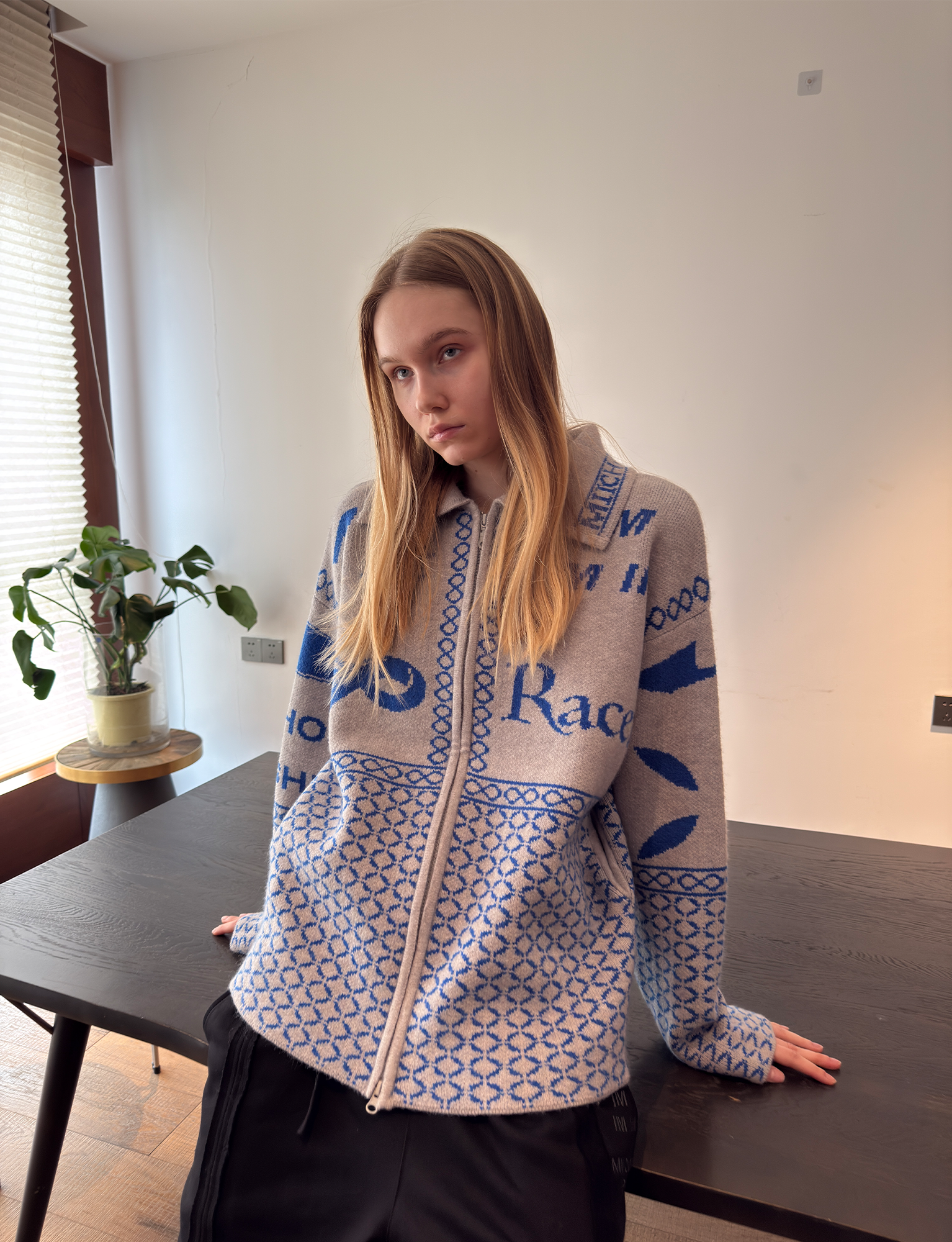 MIICHOUS Racer Geometric Jacquard Zip-Up Cardigan-Sweater-S-Light Gray-Free Shipping Leatheretro