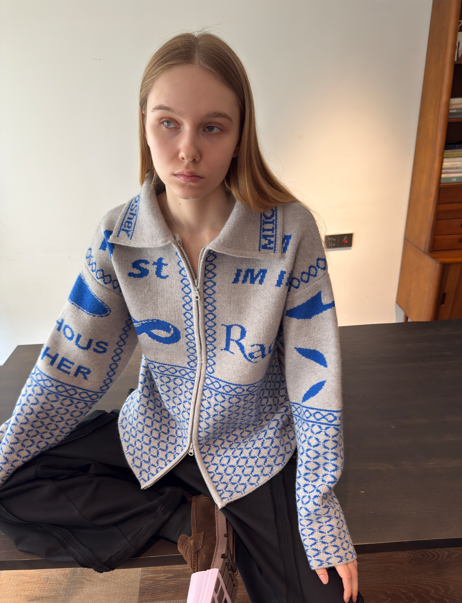 MIICHOUS Racer Geometric Jacquard Zip-Up Cardigan-Sweater-S-Light Gray-Free Shipping Leatheretro