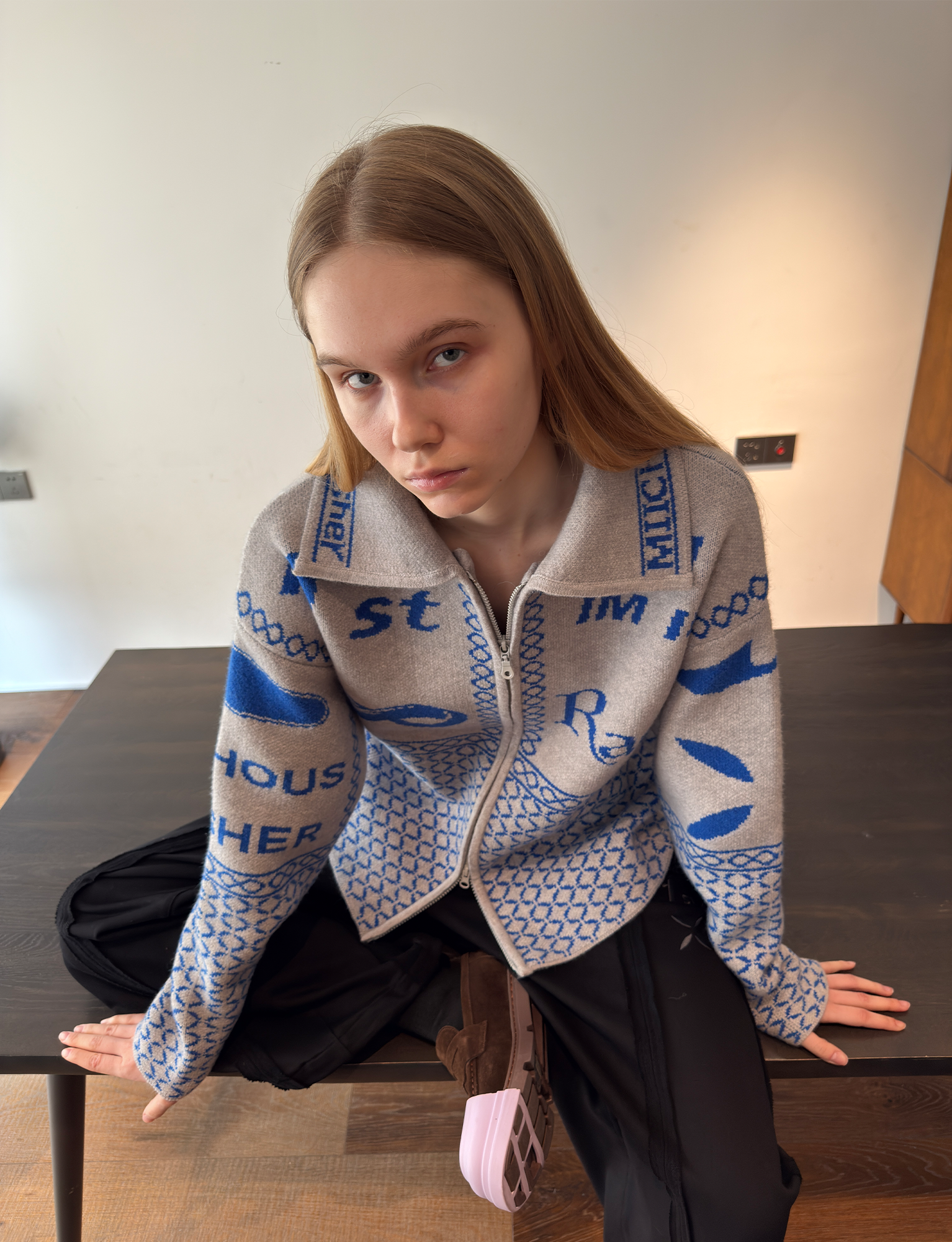 MIICHOUS Racer Geometric Jacquard Zip-Up Cardigan-Sweater-S-Light Gray-Free Shipping Leatheretro