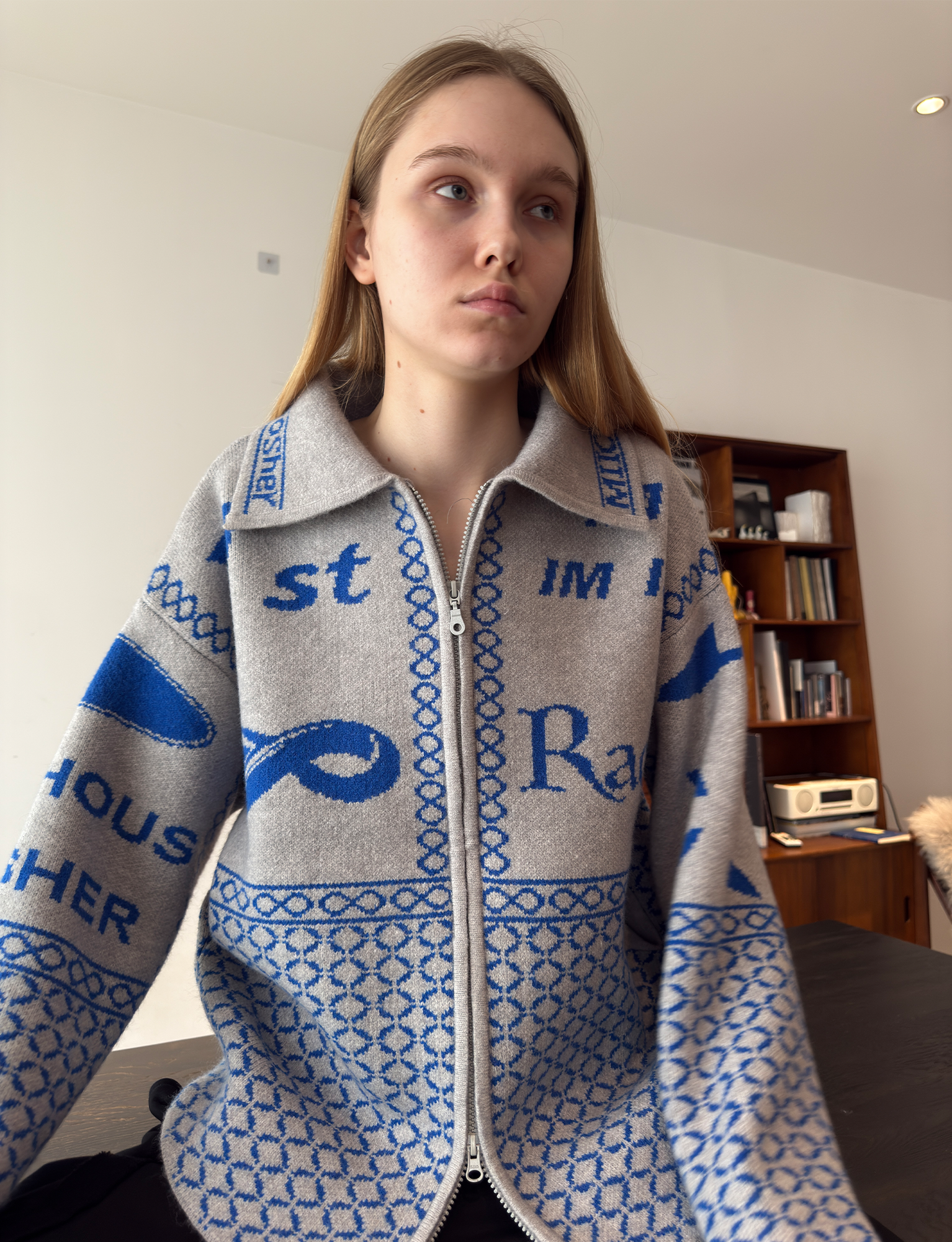 MIICHOUS Racer Geometric Jacquard Zip-Up Cardigan-Sweater-S-Light Gray-Free Shipping Leatheretro