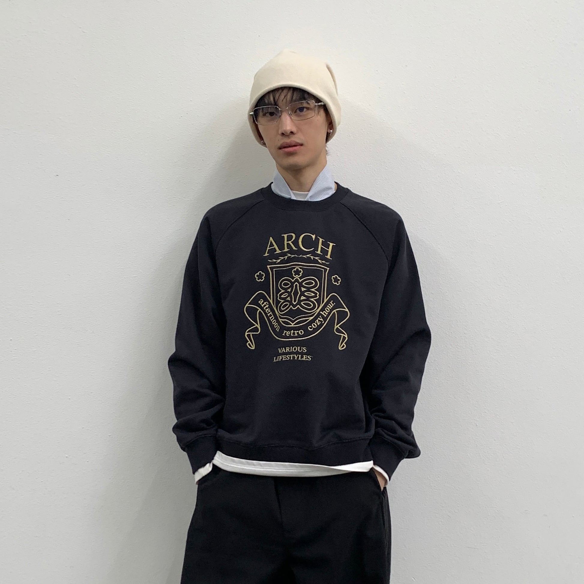 ROARINGWILD A ARCH Collegiate Loopback Raglan Sweatshirt-Sweatshirt-XS-Navy-Free Shipping Leatheretro
