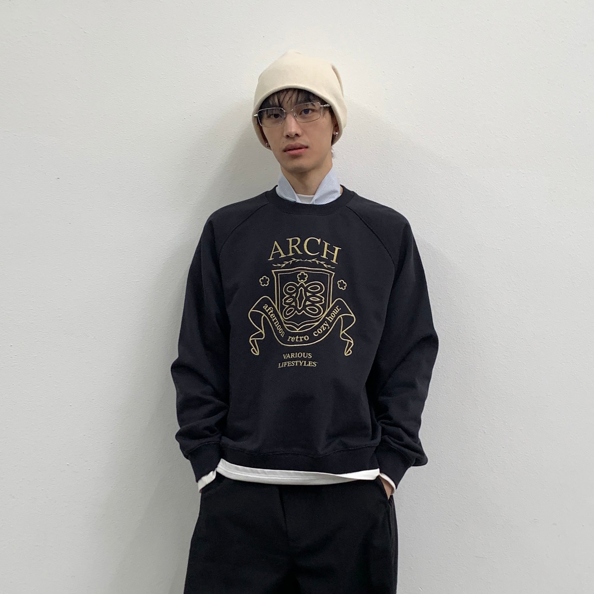 ROARINGWILD A ARCH Collegiate Loopback Raglan Sweatshirt-Sweatshirt-XS-Navy-Free Shipping Leatheretro