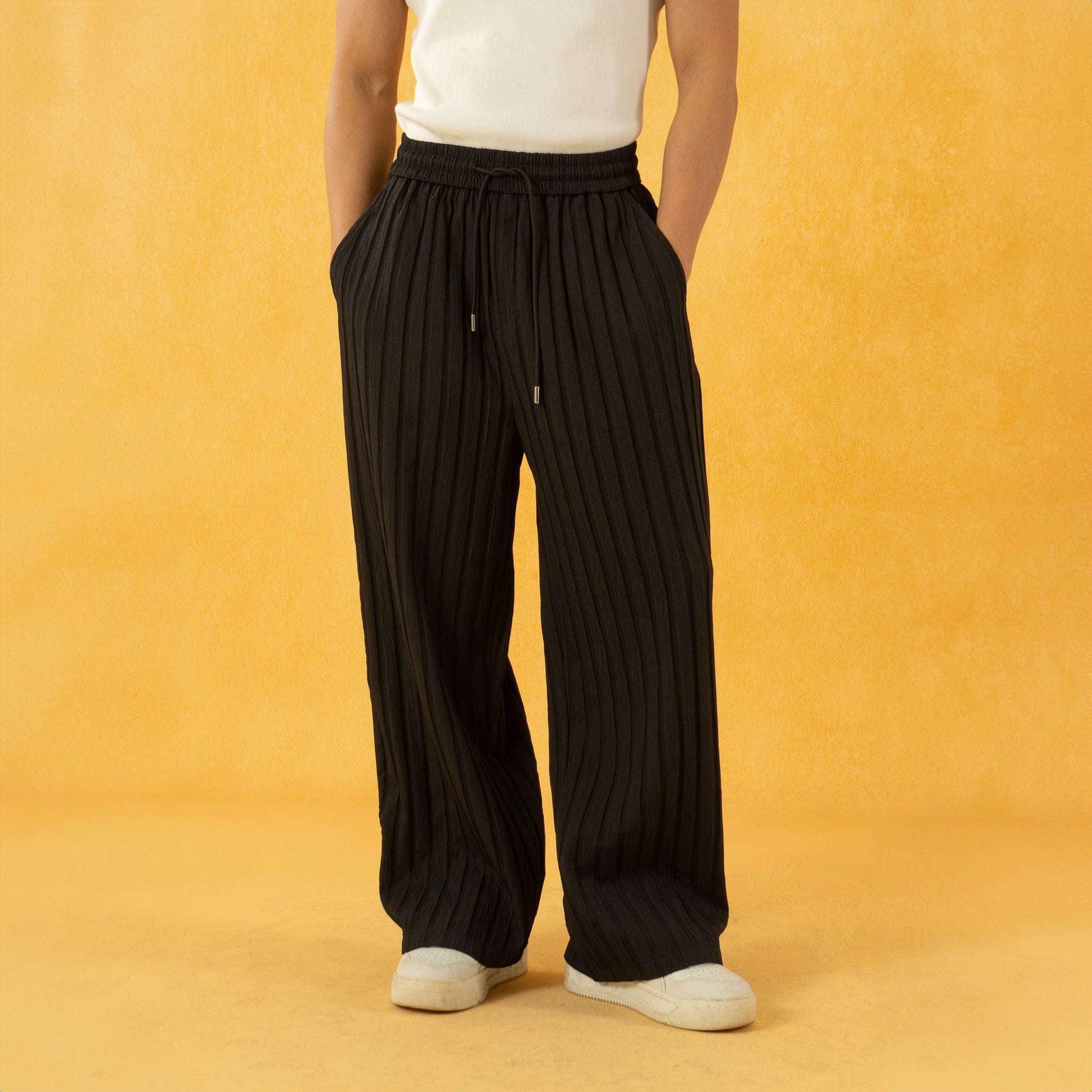 CLP Striped Ribbed Wide-Leg Pants-Pants-S-Black-Free Shipping Leatheretro