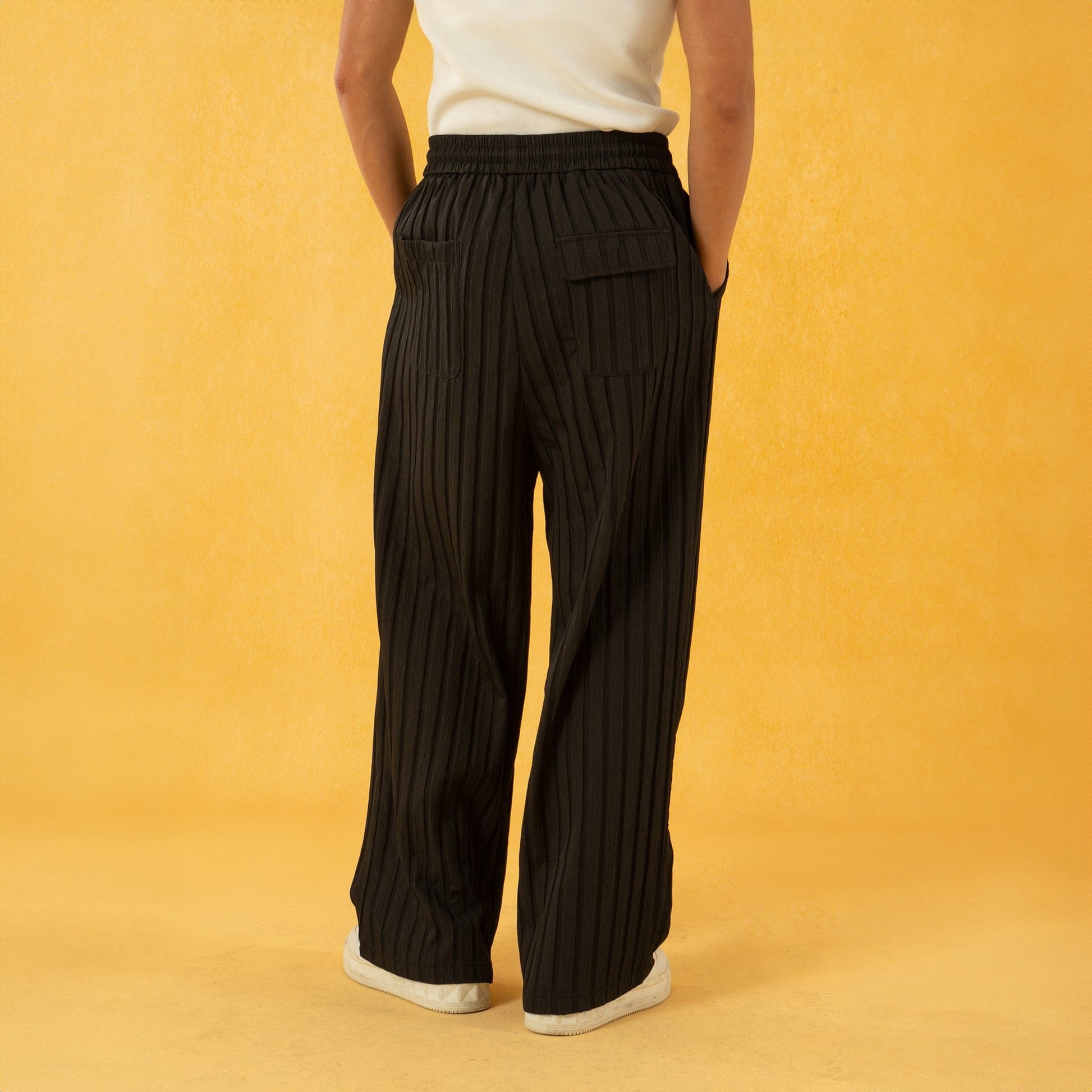 CLP Striped Ribbed Wide-Leg Pants-Pants-S-Black-Free Shipping Leatheretro