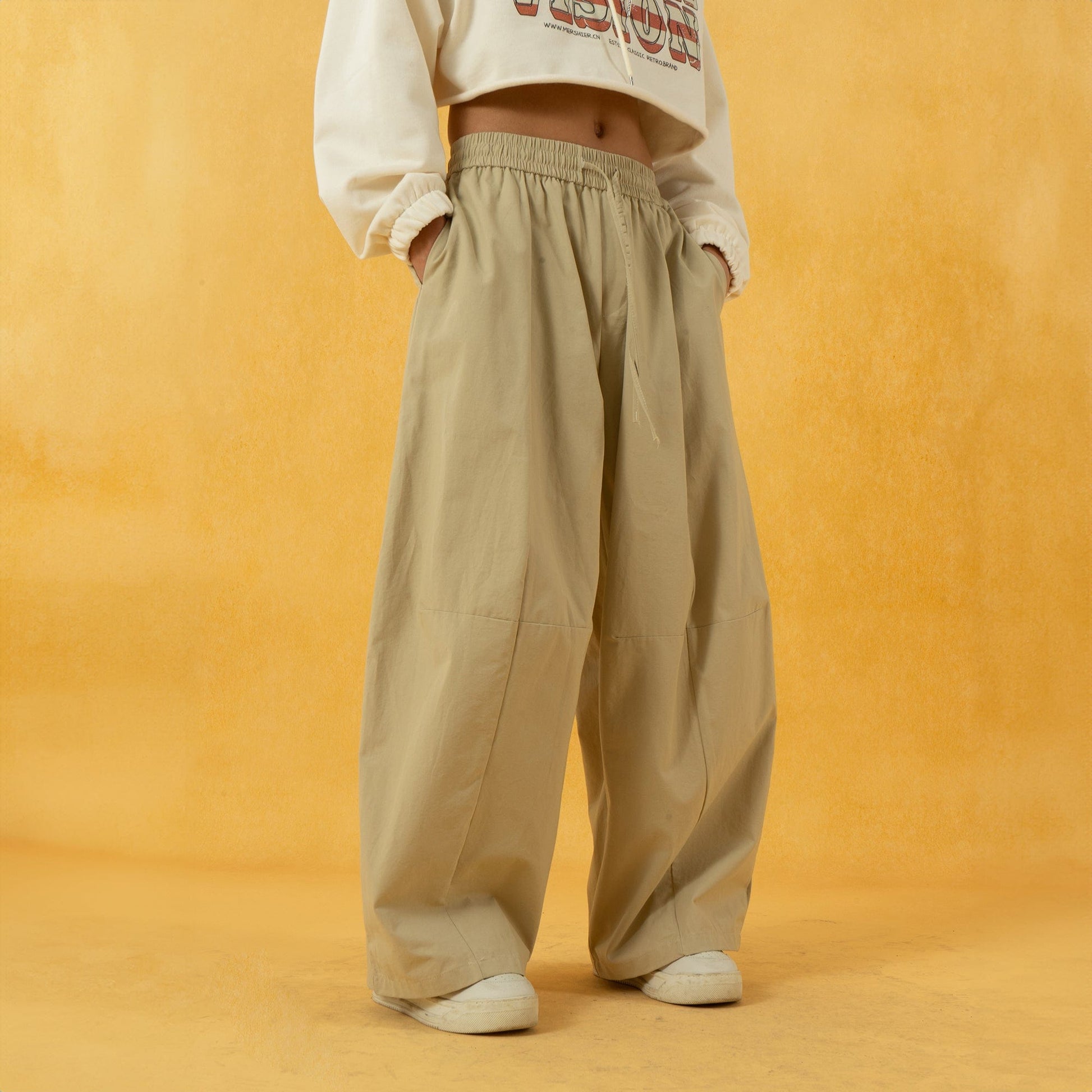 CLP Spliced Pleated Drawstring Wide-Leg Pants-Pants-S-Khaki-Free Shipping Leatheretro