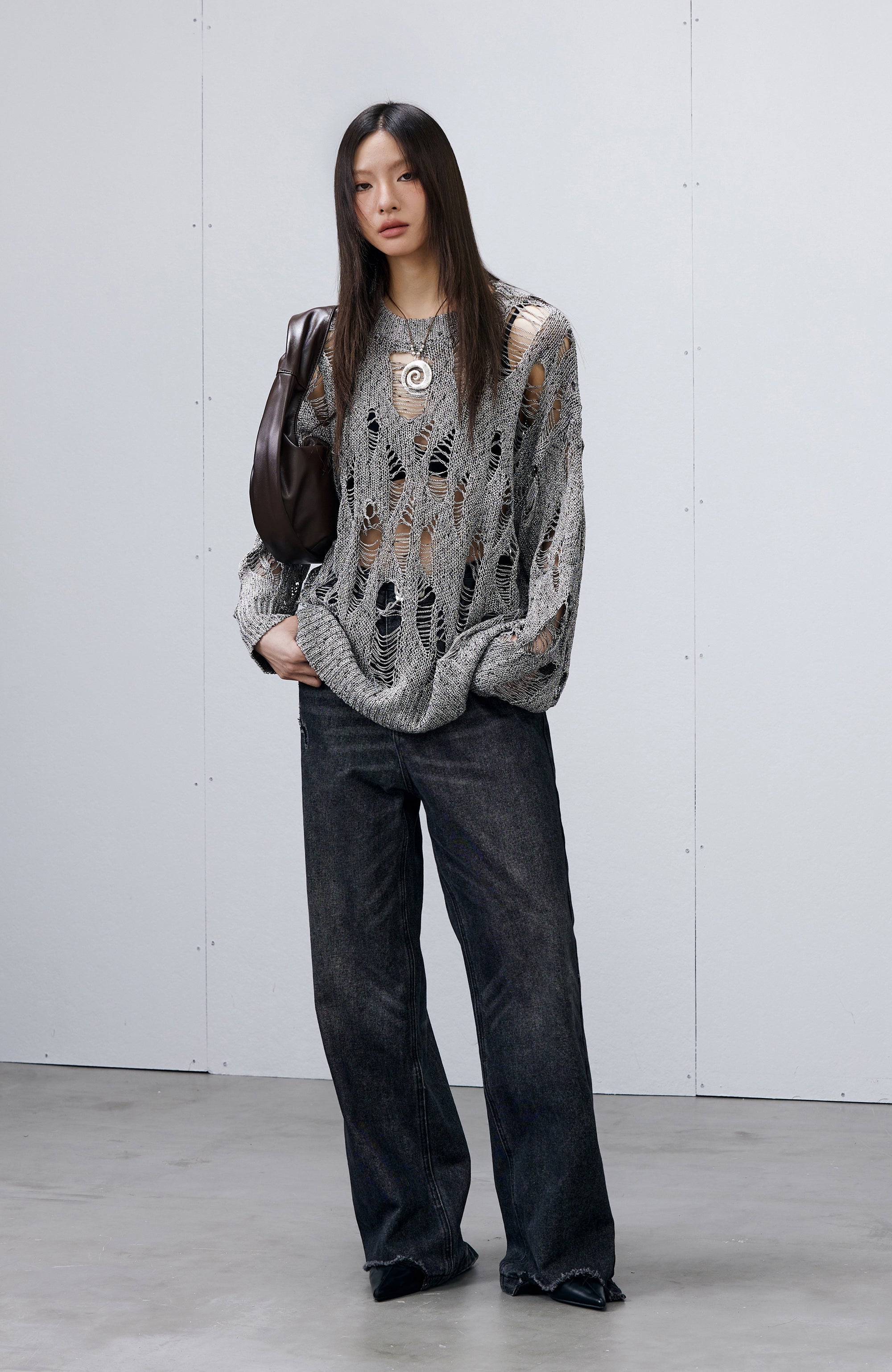 ROARINGWILD A ARCH Distressed Hollowed-Knit Sweater-Sweater-XS-Gray-Free Shipping Leatheretro