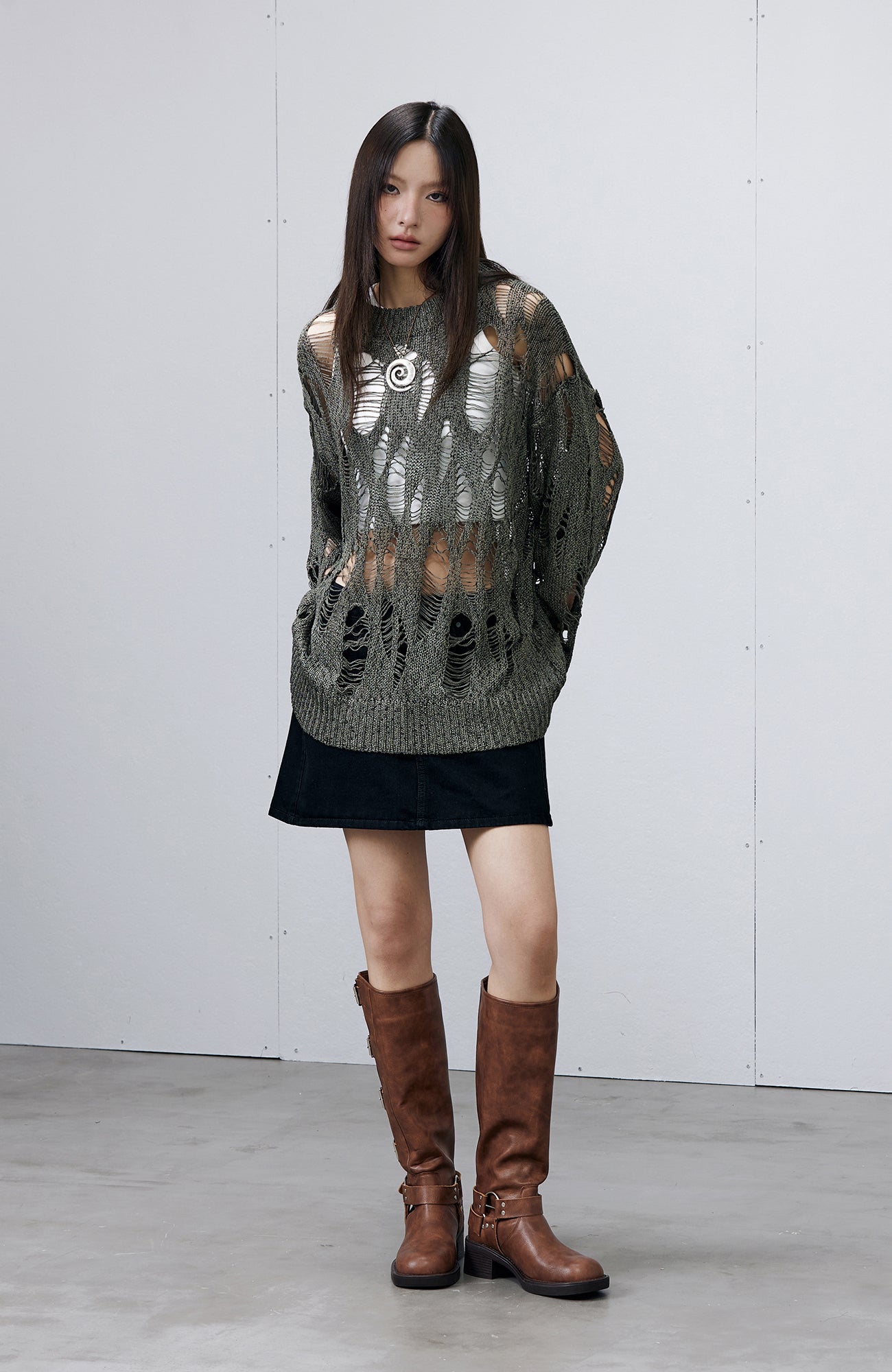 ROARINGWILD A ARCH Distressed Hollowed-Knit Sweater-Sweater-XS-Gray-Free Shipping Leatheretro