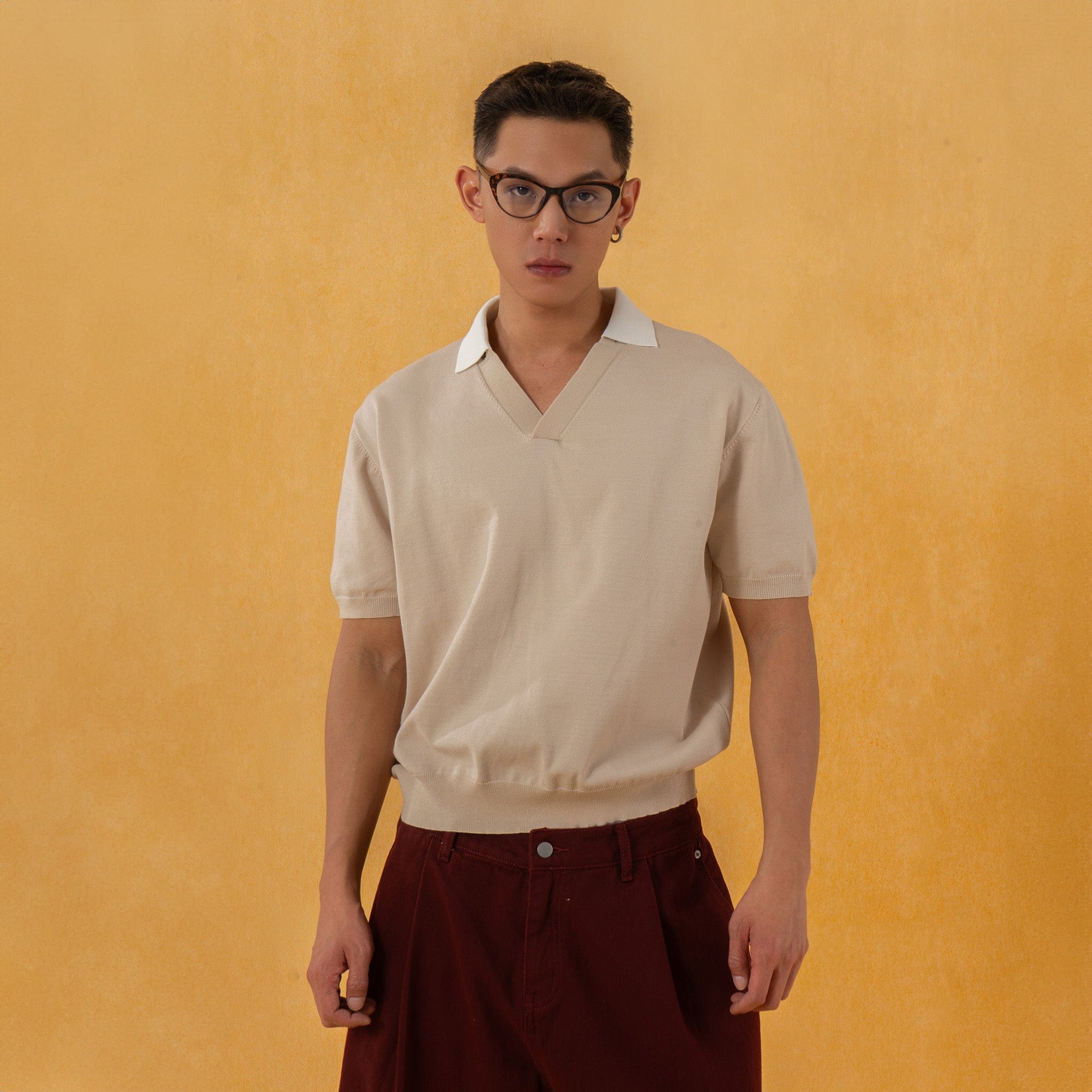 CLP V-Neck Detachable Collar Knitted Tee-T Shirt-S-Apricot-Free Shipping Leatheretro