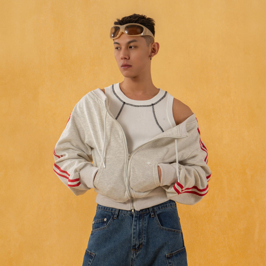 CLP Off-Shoulder Striped Zip-Up Cropped Sweatshirt-Jacket-S-Free Shipping Leatheretro