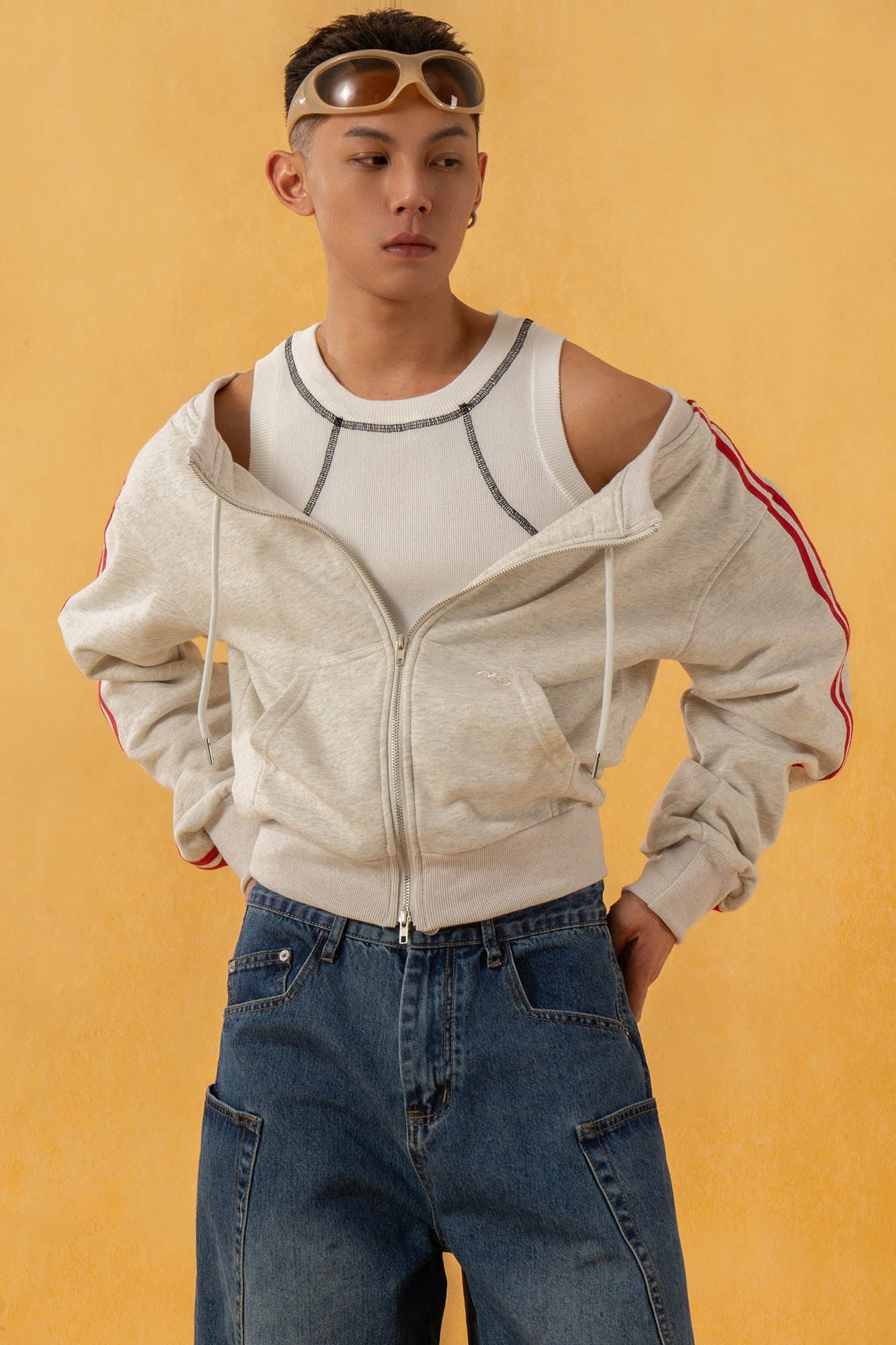 CLP Off-Shoulder Striped Zip-Up Cropped Sweatshirt-Jacket-S-Free Shipping Leatheretro