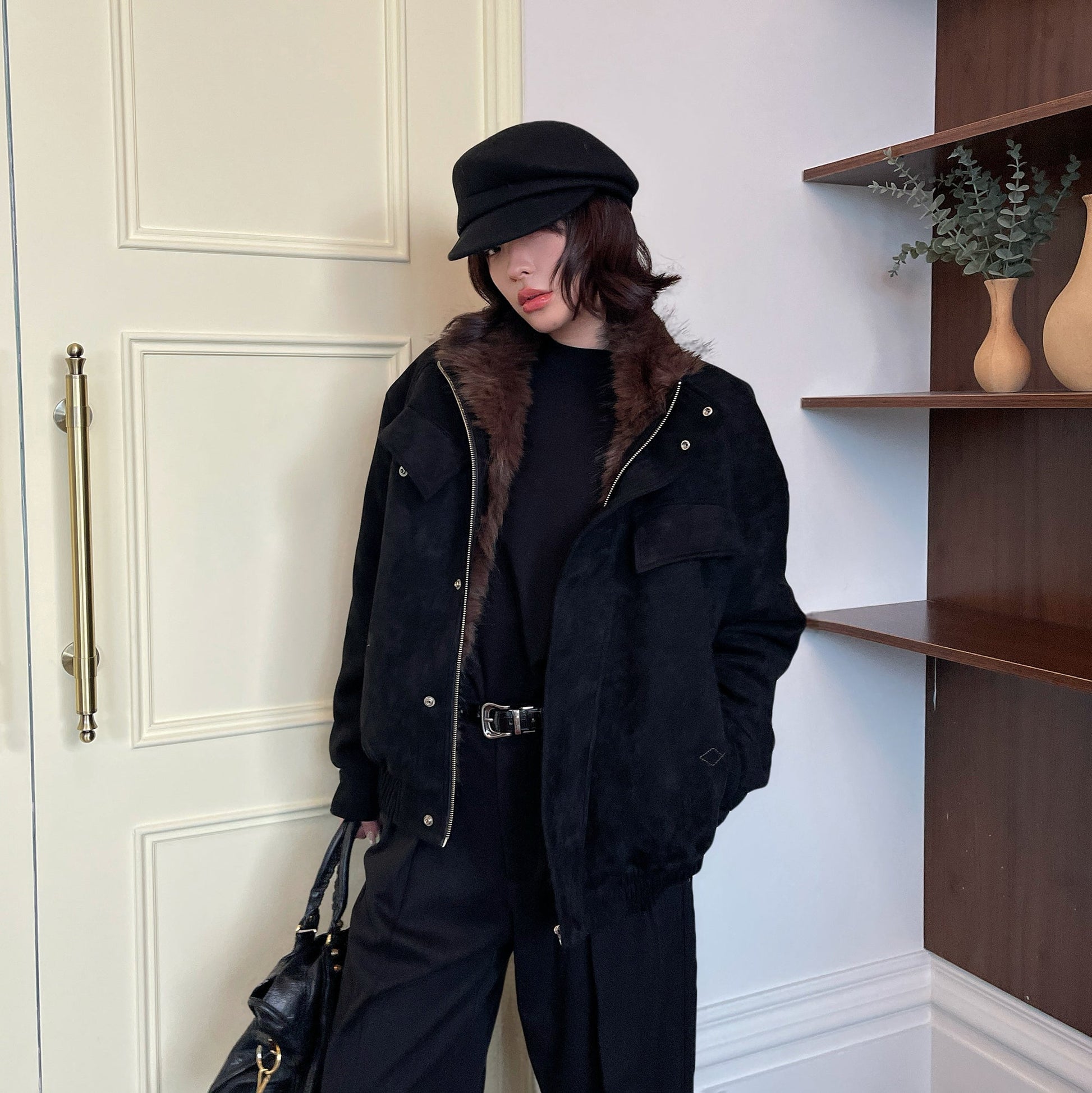 OKAYTHXBYE Faux Fur-Lined Utility Bomber-Jacket-S (Preorder)-Free Shipping Leatheretro