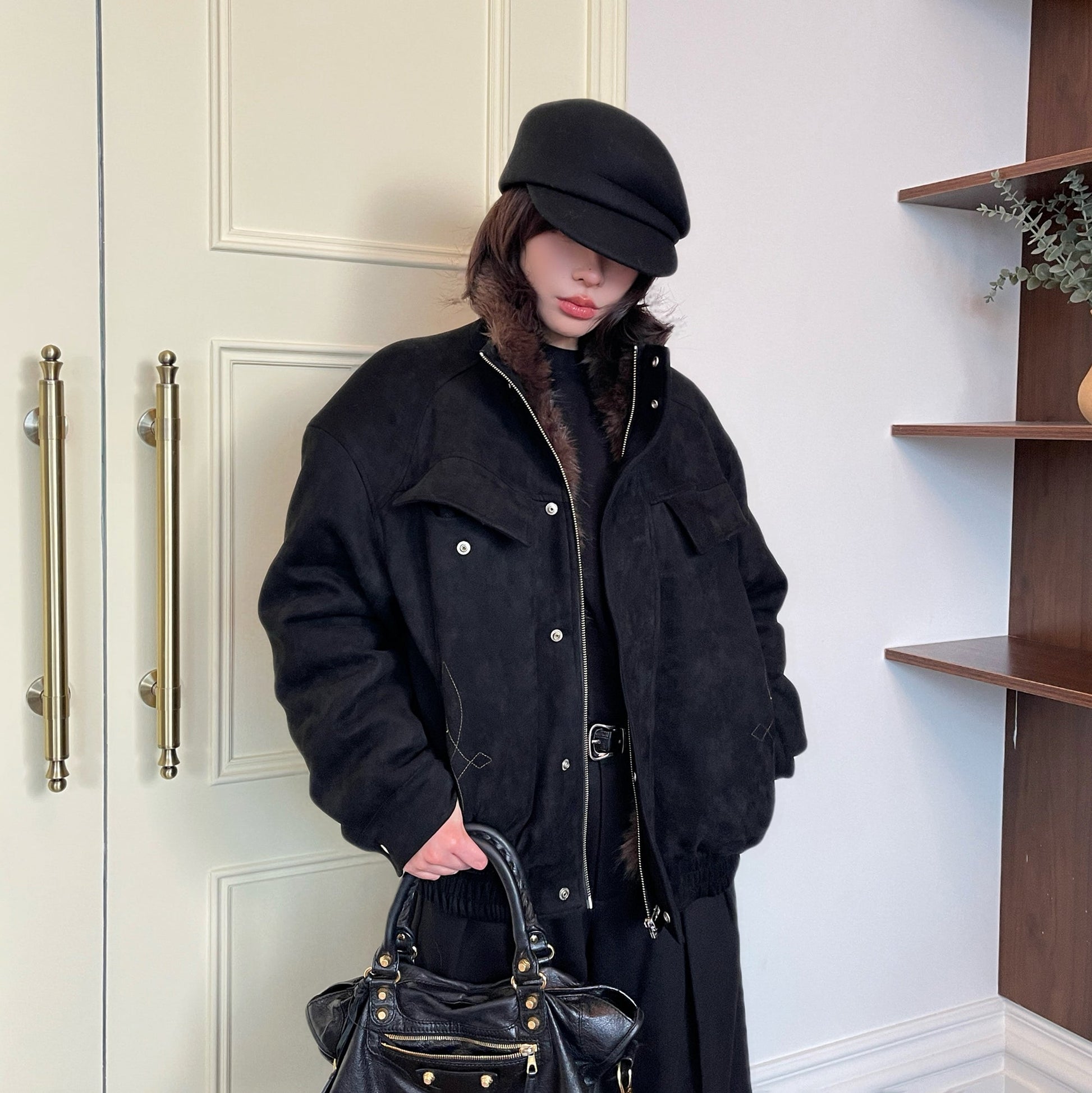 OKAYTHXBYE Faux Fur-Lined Utility Bomber-Jacket-S (Preorder)-Free Shipping Leatheretro