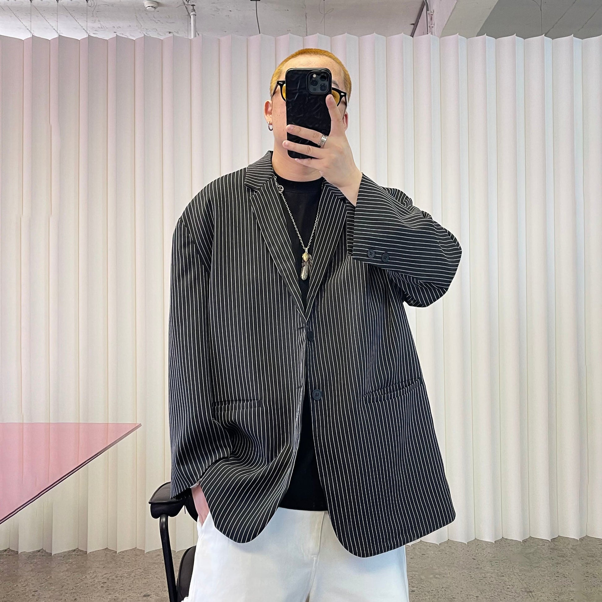 ME DA IGUAL Stripe Notched Lapel Oversized Blazer-Jacket-M-Free Shipping Leatheretro