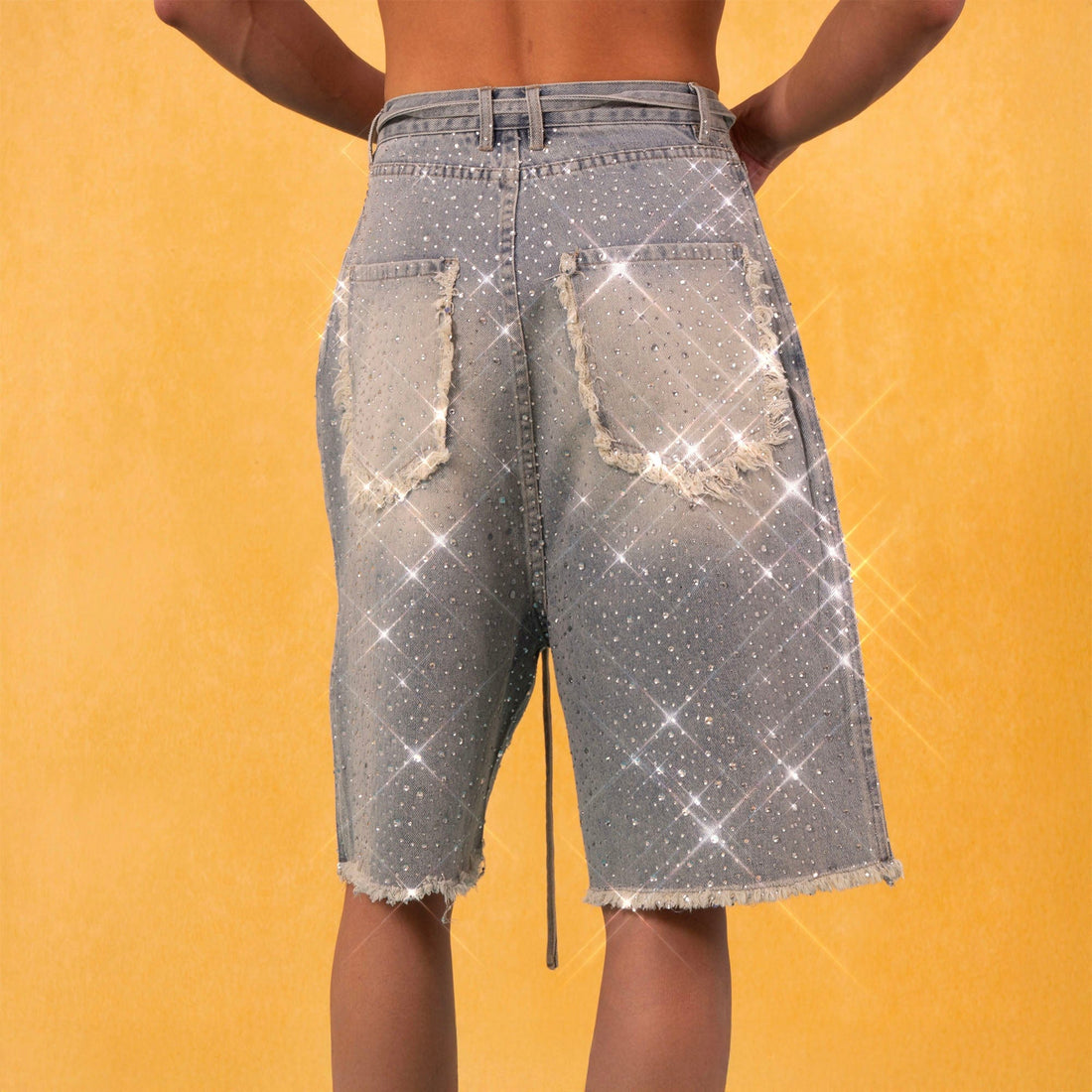 CLP Diamond Fringe Strap Belt Denim Shorts Blue-Shorts-S-Free Shipping Leatheretro