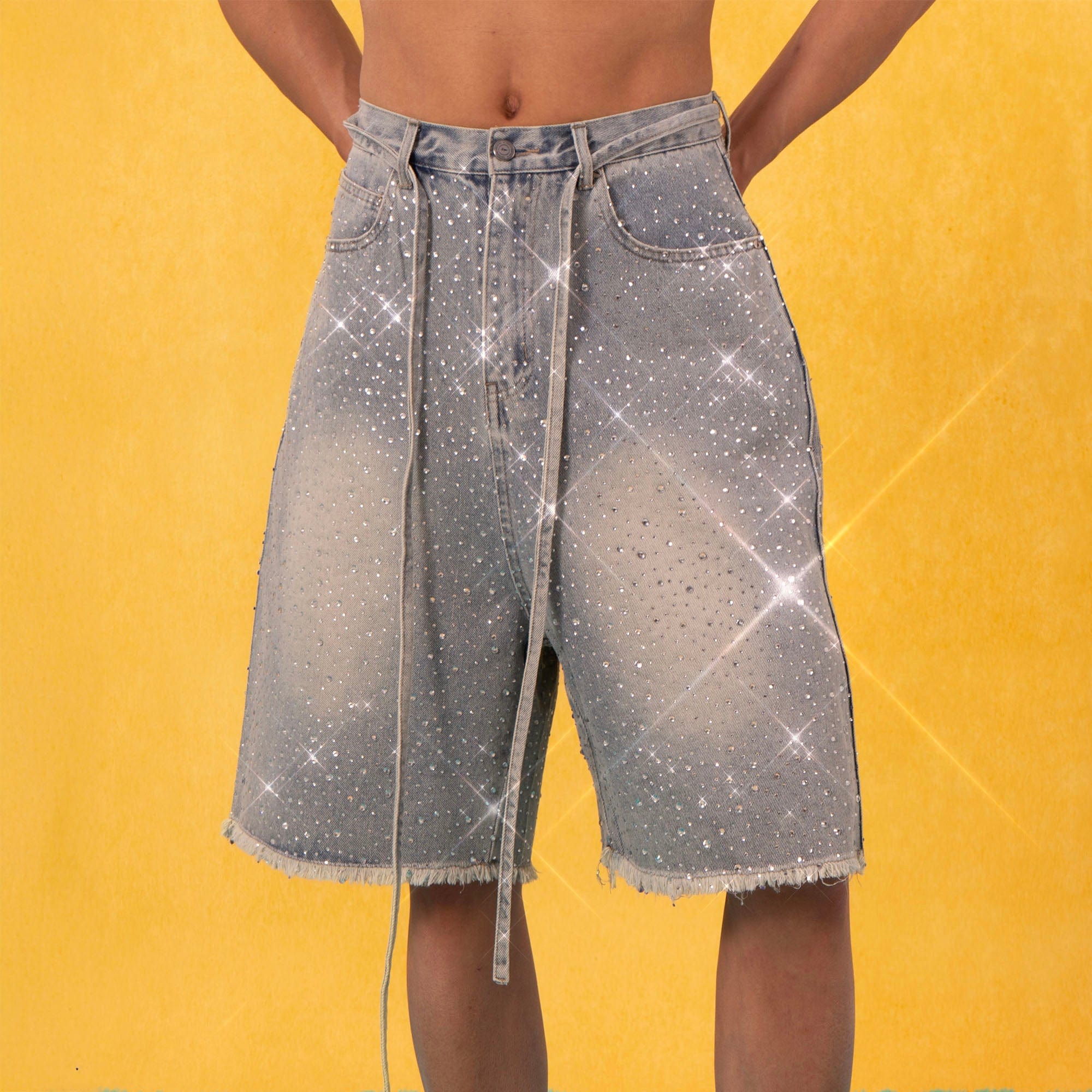 CLP Diamond Fringe Strap Belt Denim Shorts Blue-Shorts-S-Free Shipping Leatheretro