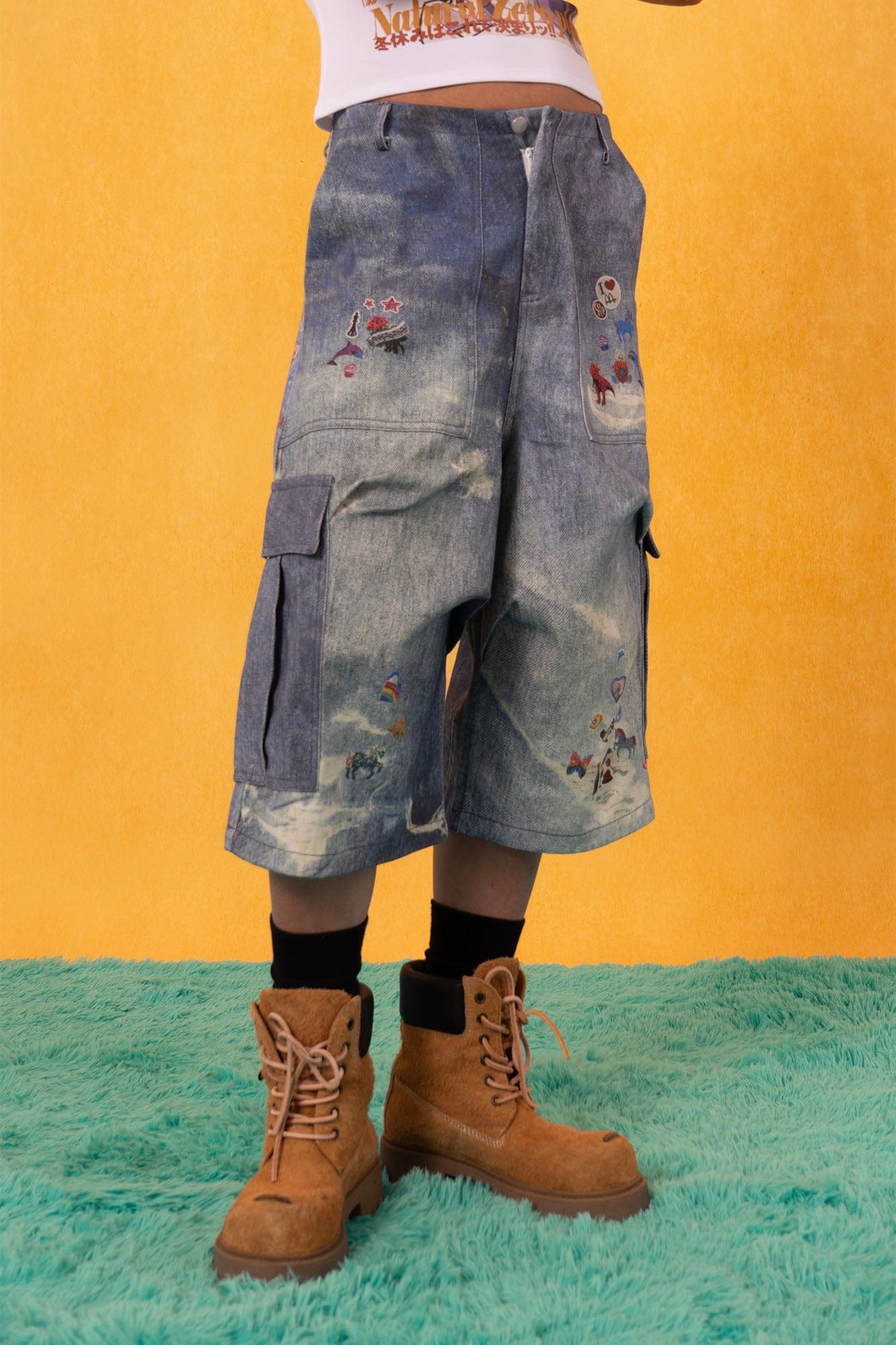 CLP Whimsical Distressed Stickers Cargo Denim Shorts-Shorts-S-Free Shipping Leatheretro