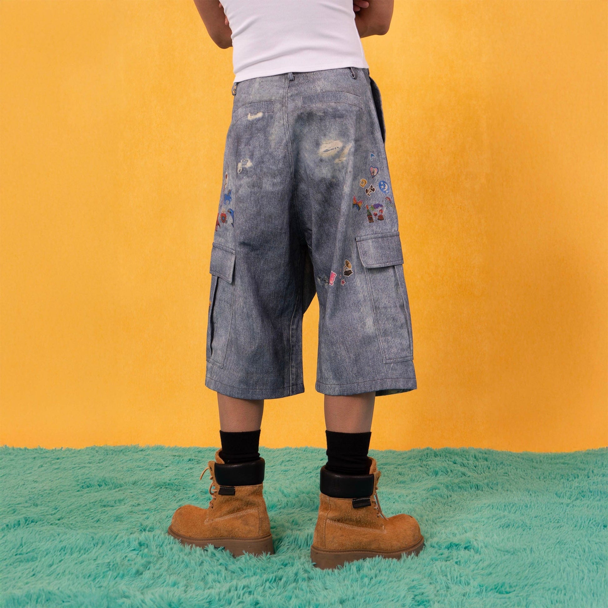 CLP Whimsical Distressed Stickers Cargo Denim Shorts-Shorts-S-Free Shipping Leatheretro