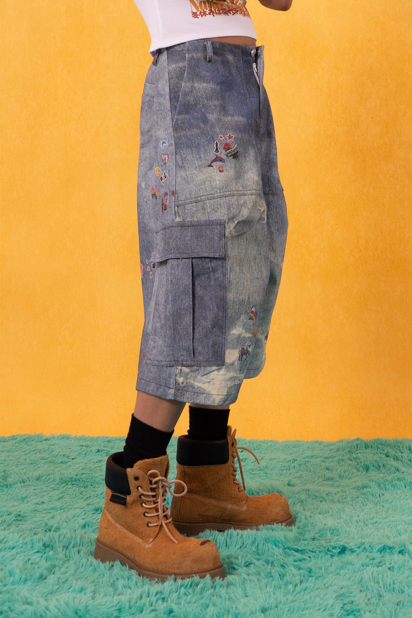 CLP Whimsical Distressed Stickers Cargo Denim Shorts-Shorts-S-Free Shipping Leatheretro