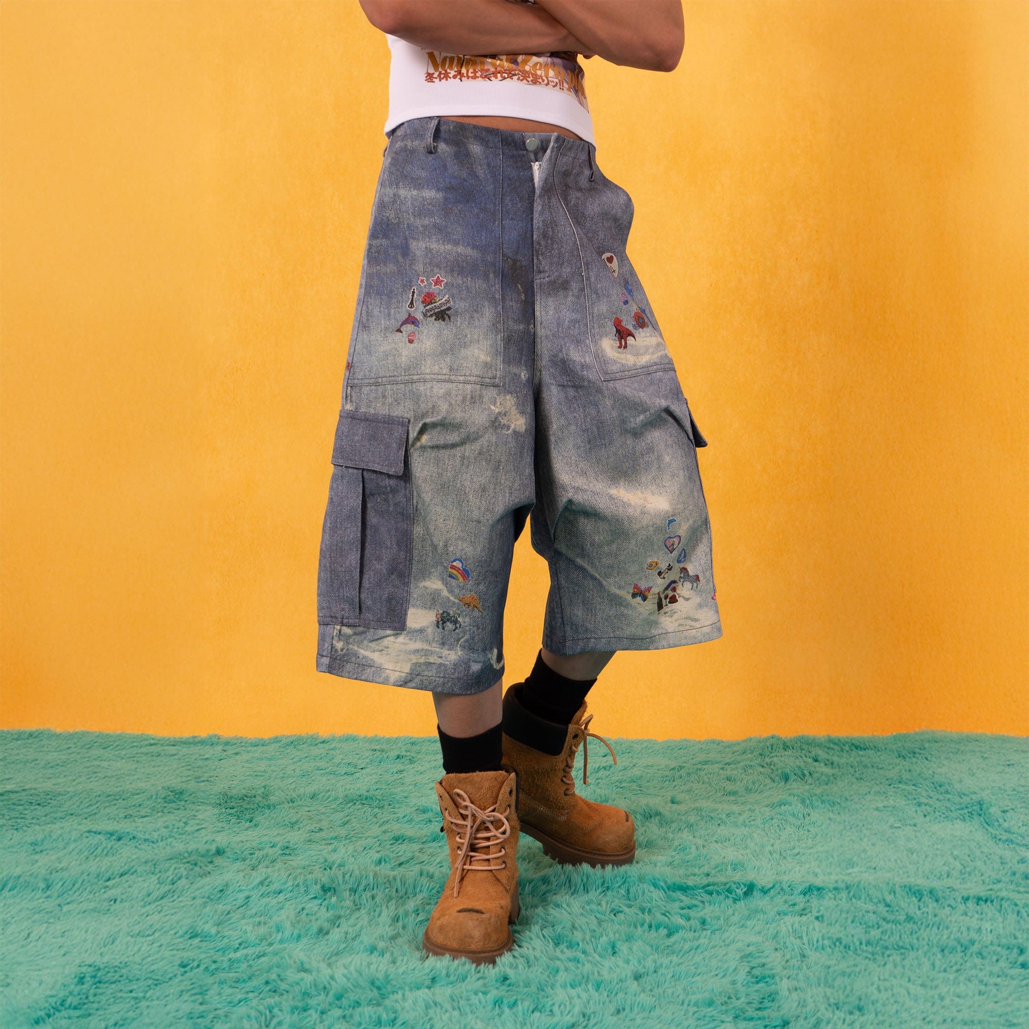 CLP Whimsical Distressed Stickers Cargo Denim Shorts-Shorts-S-Free Shipping Leatheretro