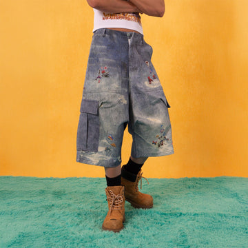 CLP Whimsical Distressed Stickers Cargo Denim Shorts-Shorts-S-Free Shipping Leatheretro