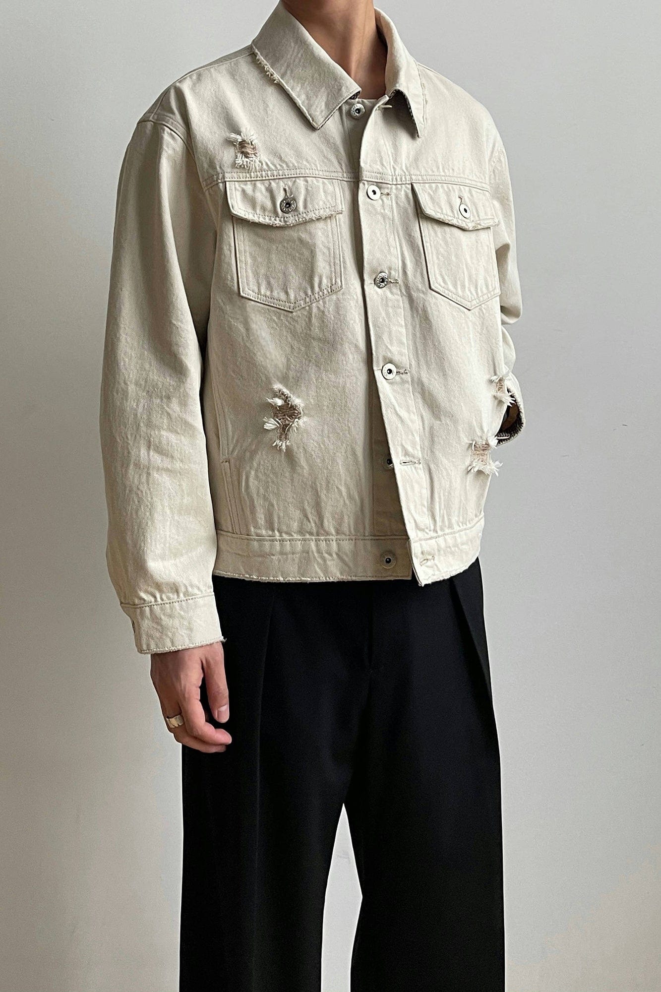 OKAYTHXBYE Distressed Houndstooth-Lined Frayed Jacket-Jacket-S-Free Shipping Leatheretro